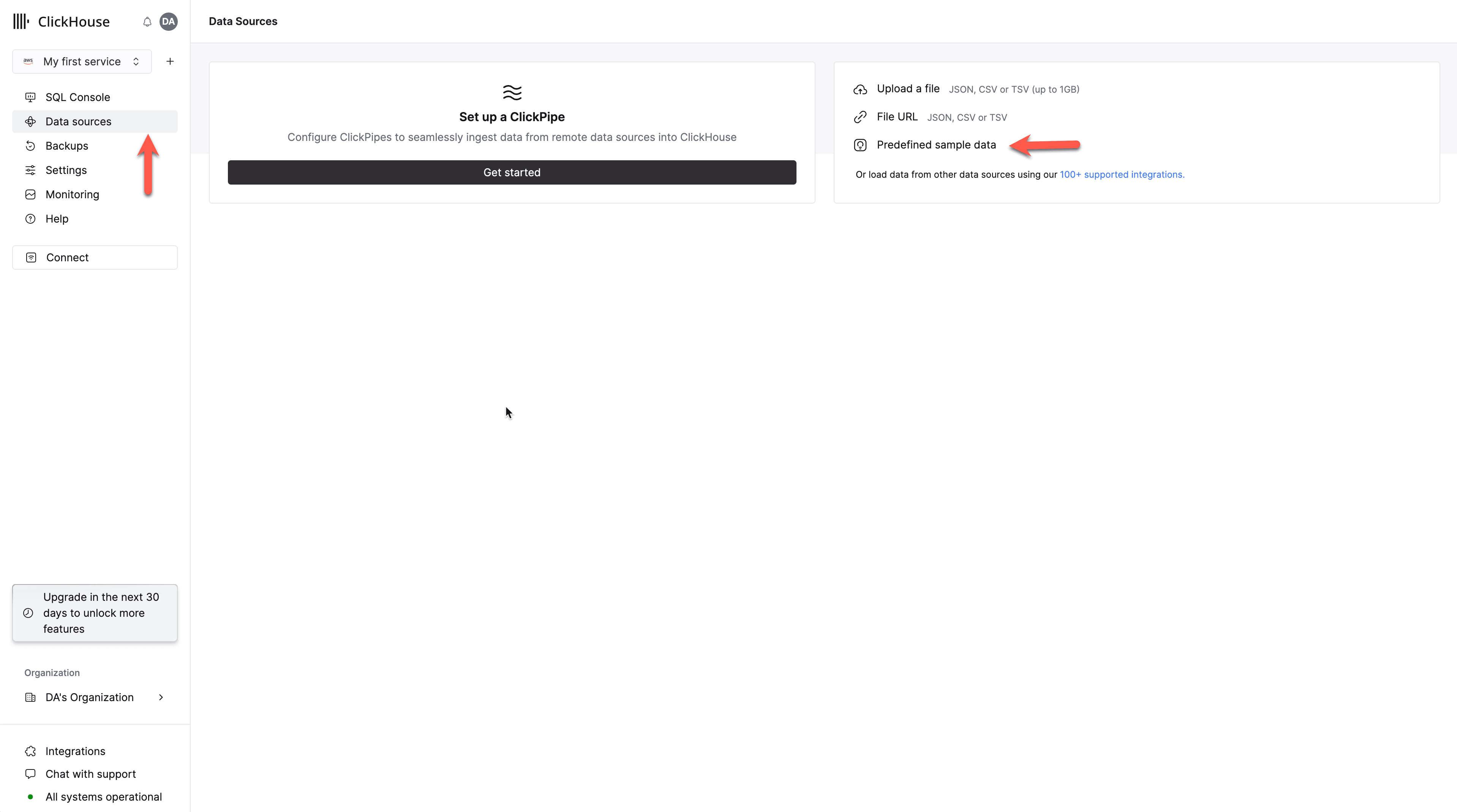 ClickHouse Cloud service Actions menu showing Data sources and Predefined sample data options
