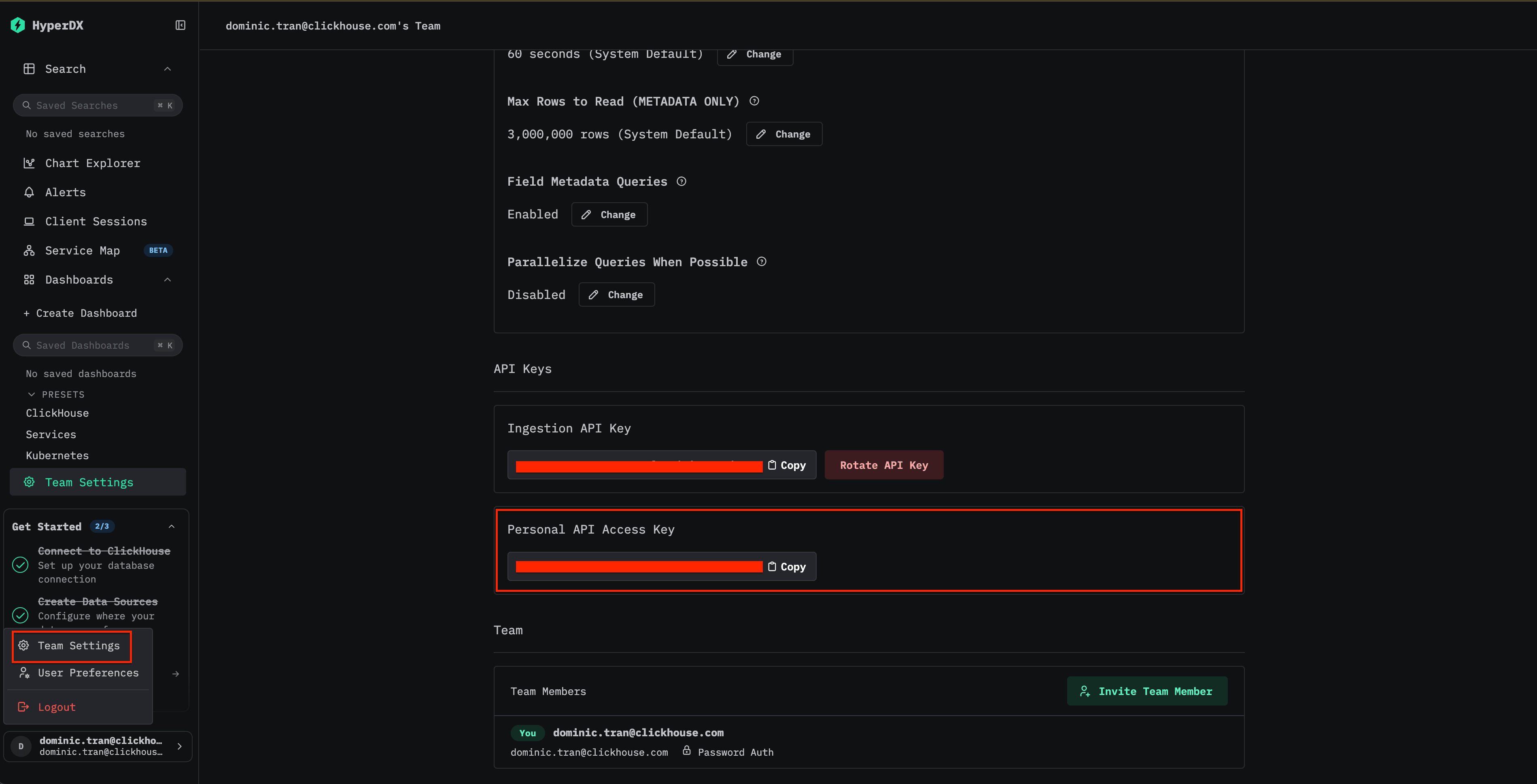 مفتاح واجهة برمجة تطبيقات في ClickStack