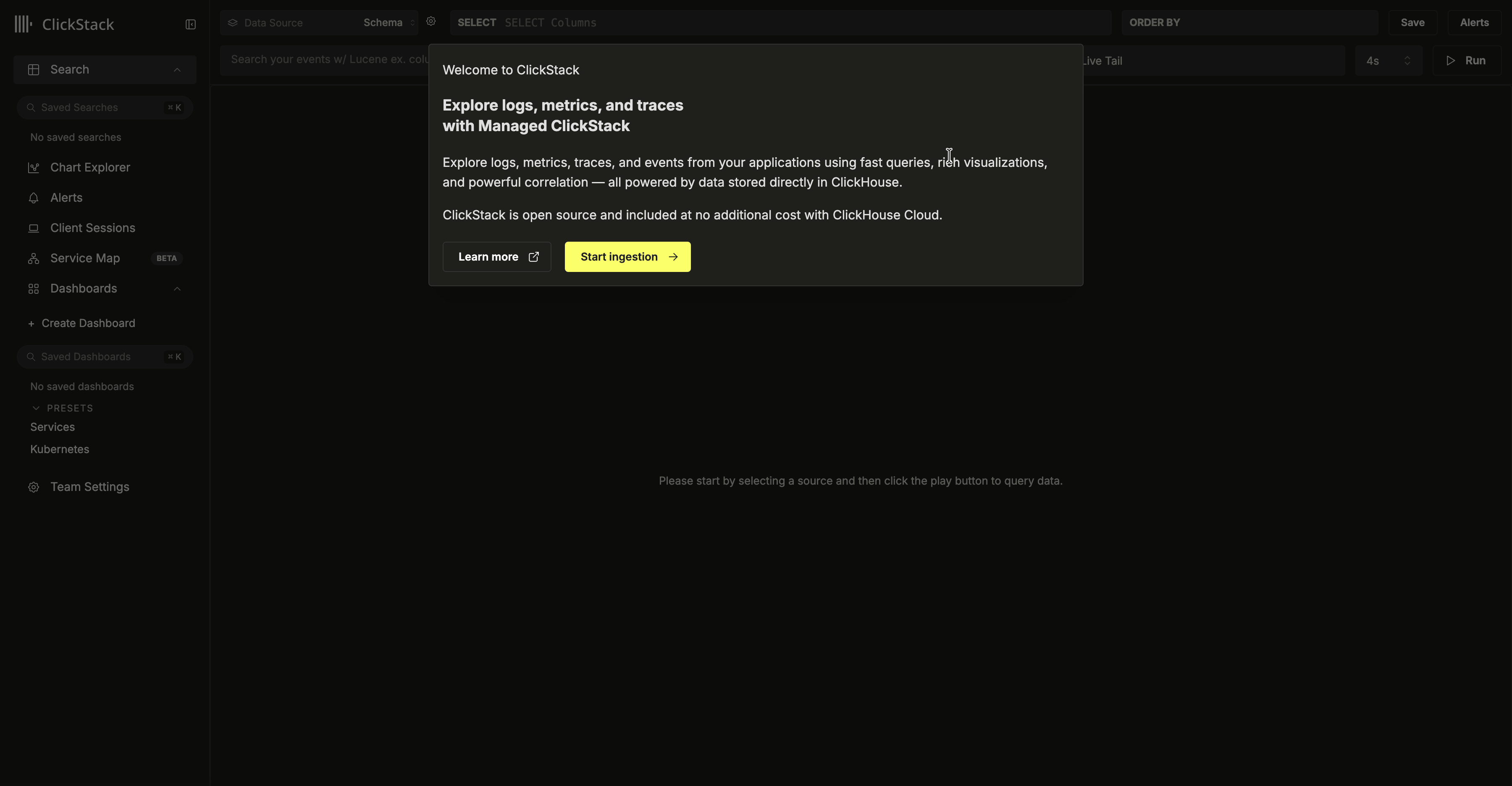 Configuração da ingestão na UI do ClickStack
