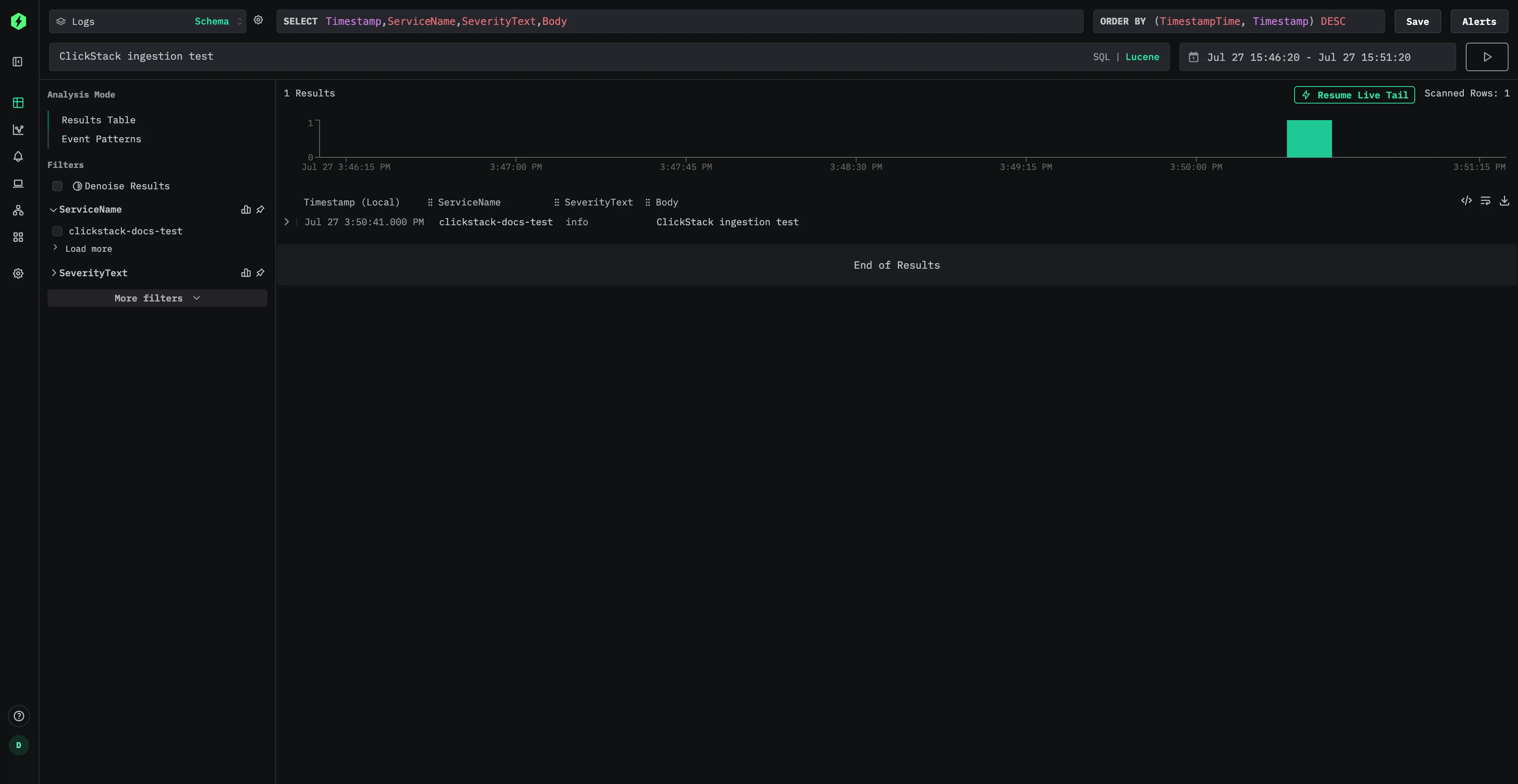 ClickStack ingestion test イベントを表示する ClickStack Open Source のログビュー