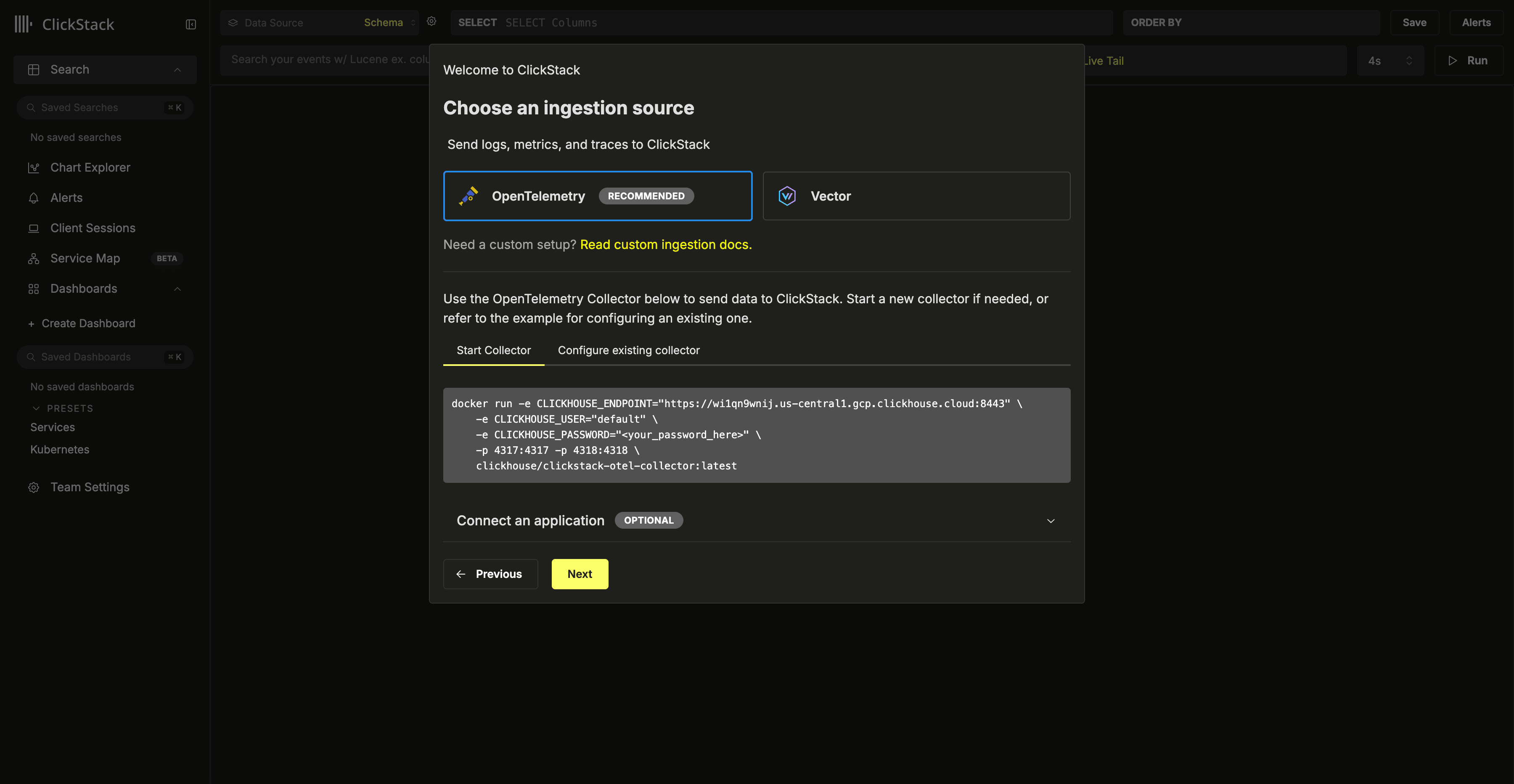 Selecionar source - UI do ClickStack