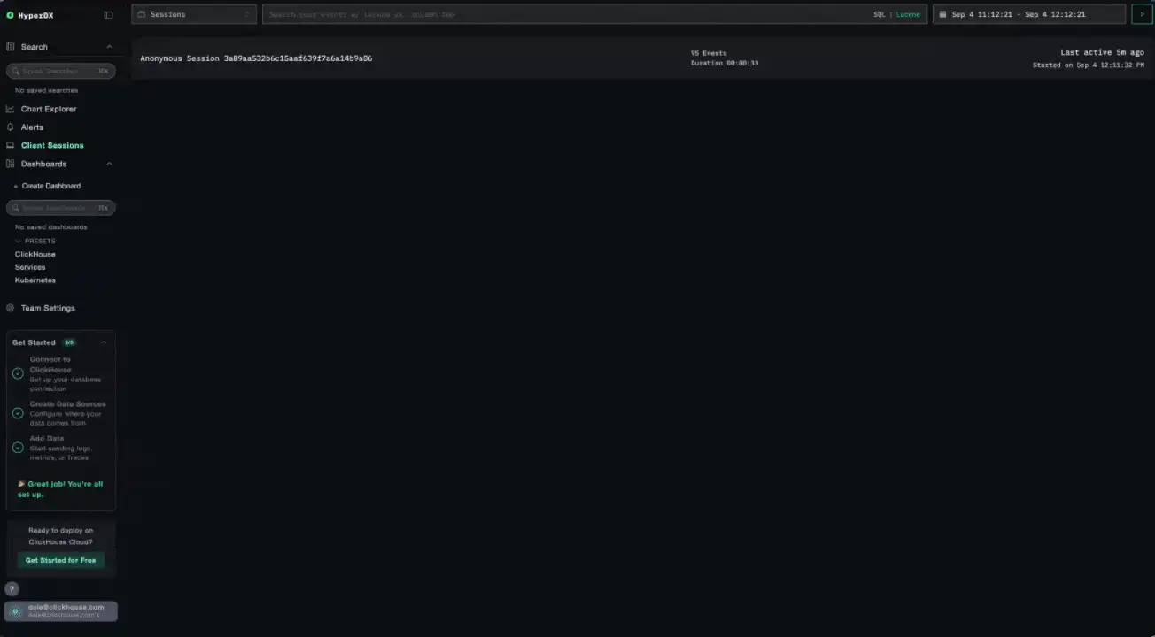 Navegando de uma reprodução de sessão para traces de backend no ClickStack