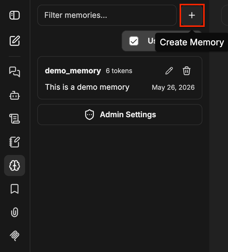Panneau Memory avec le bouton + Create Memory mis en évidence