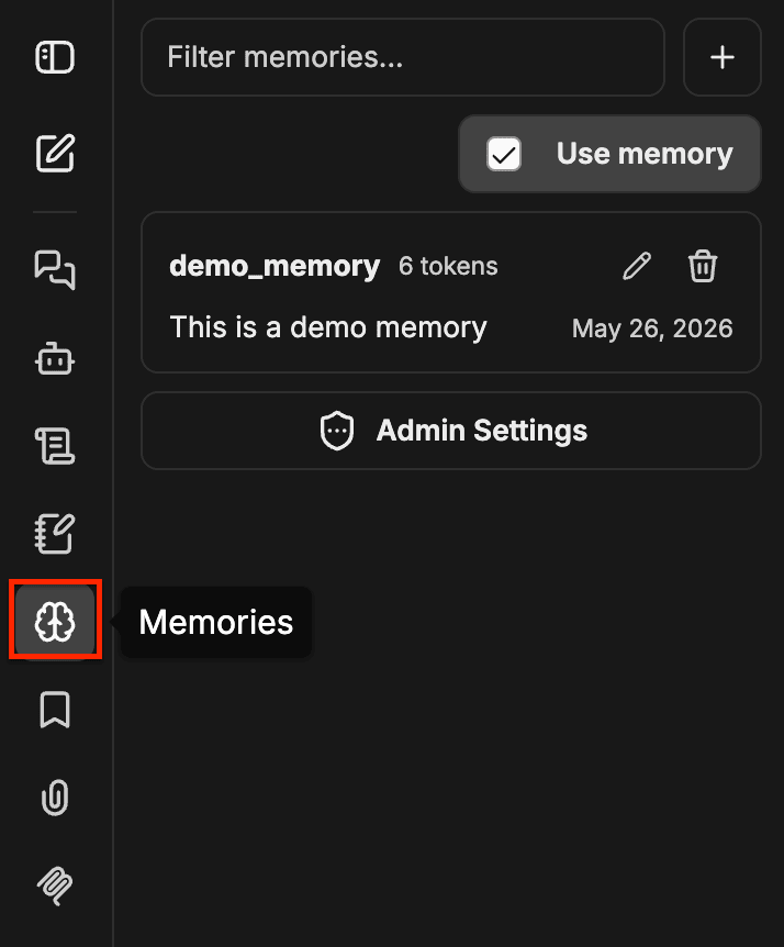 Panneau Memories montrant l’icône en forme de cerveau mise en évidence dans le volet de navigation de gauche, un champ de filtre, un bouton Add, une case à cocher Use memory, une entrée de Memory avec des commandes de modification et de suppression, ainsi qu’un bouton Admin Settings