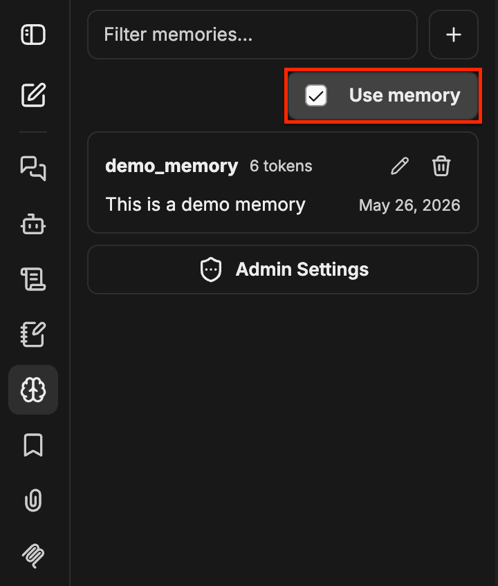 Panneau de Memory avec la case à cocher Use memory mise en évidence en haut