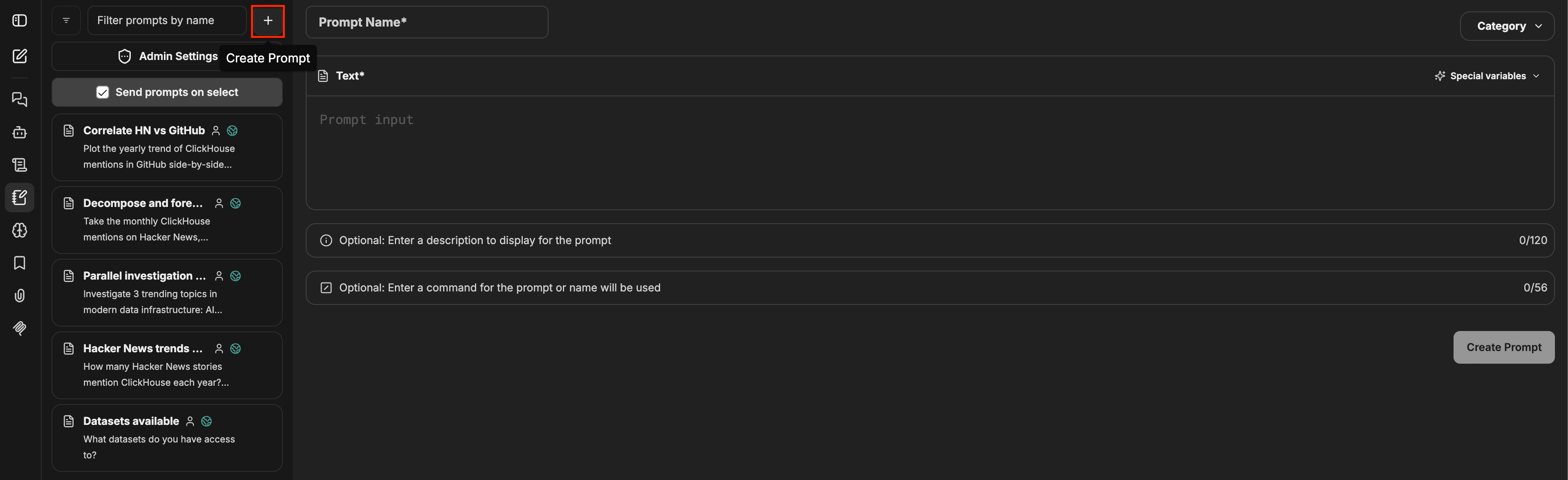 Панель промптов с выделенной слева кнопкой + и открытой справа формой Create Prompt, где показаны поля Prompt Name, Text, Category, Special variables, Description и Command, а также кнопка Create Prompt