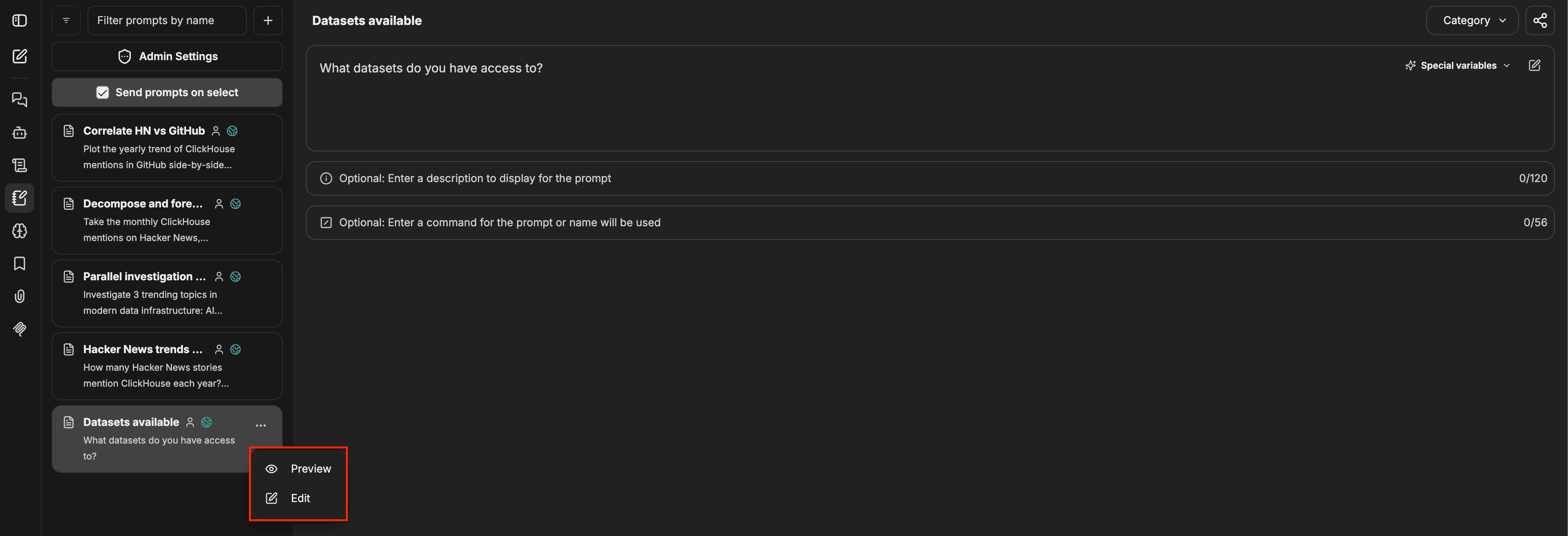 Панель промптов с выбранным промптом, его подробностями справа и контекстным меню с пунктами «Предпросмотр» и «Изменить»