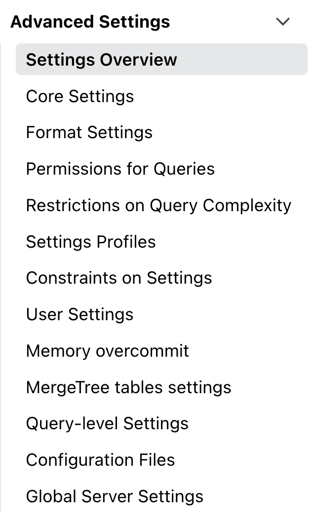 Cloud settings sidebar
