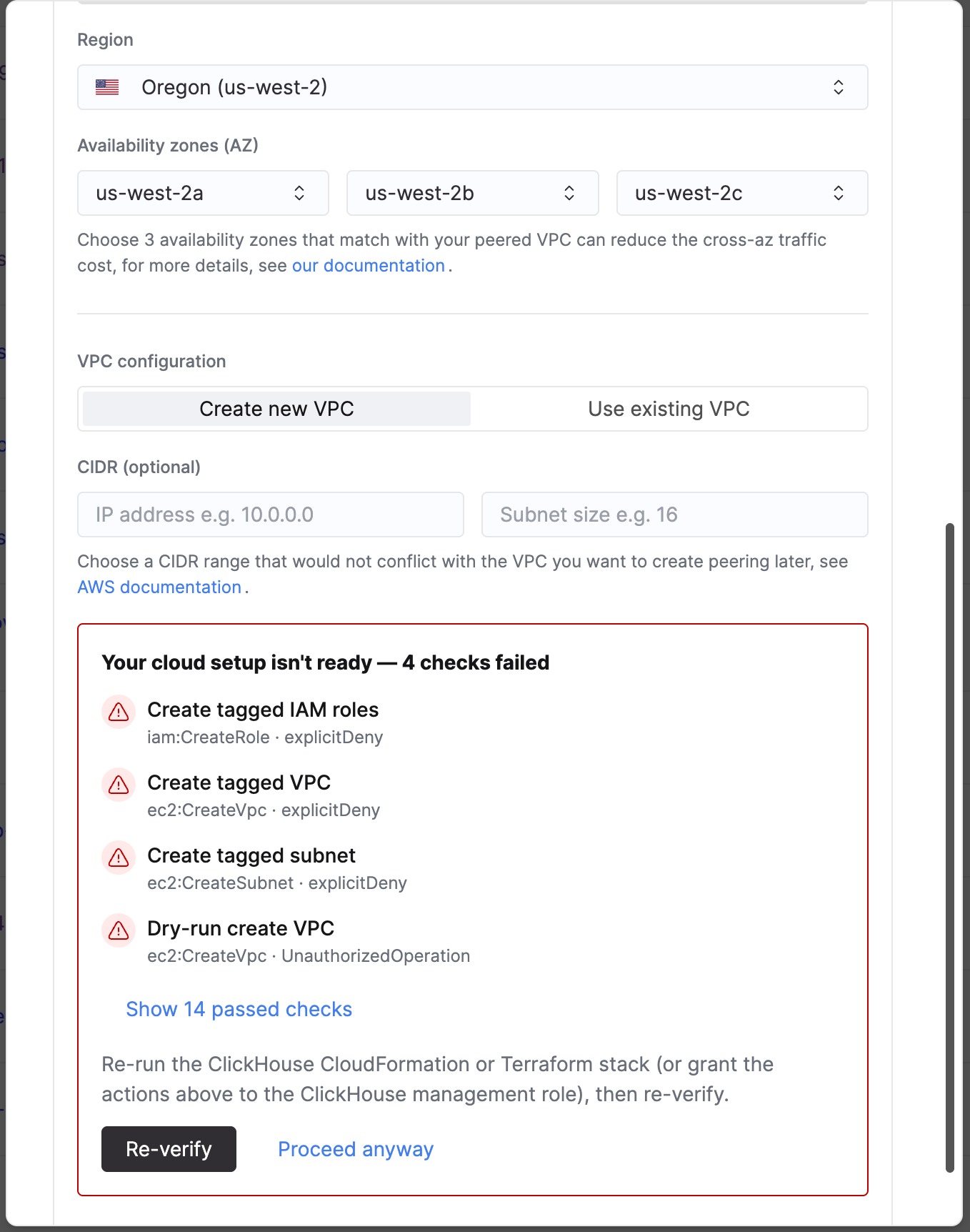فشل الإبلاغ عن فحوصات إعداد Cloud في التحقق المسبق لـ BYOC