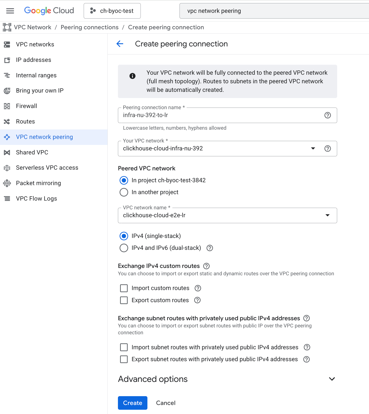 BYOC إنشاء peering connection