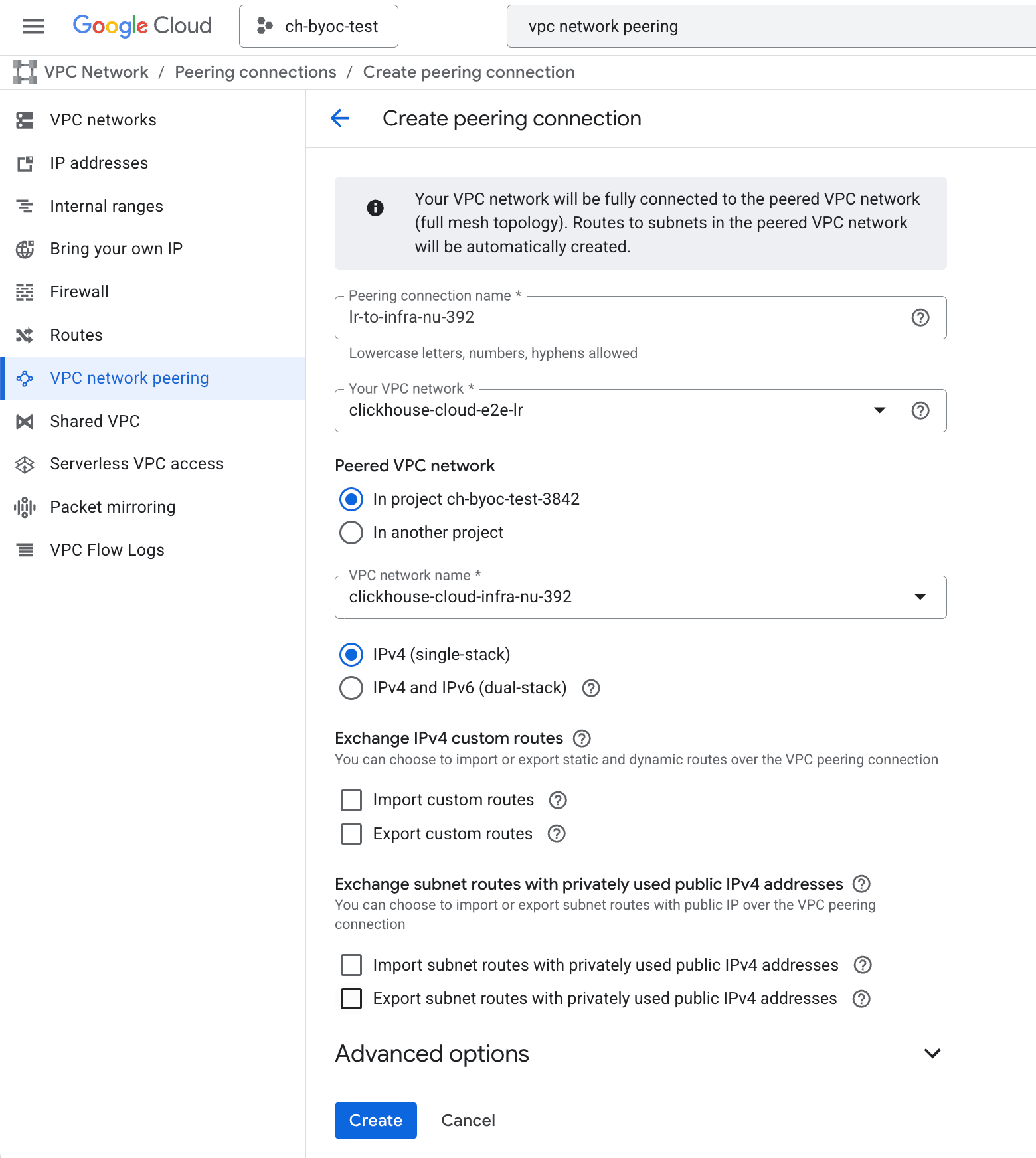 BYOC قبول peering connection