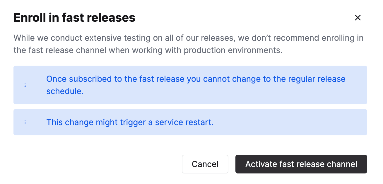 Страница настроек ClickHouse Cloud с возможностью подключиться к fast releases