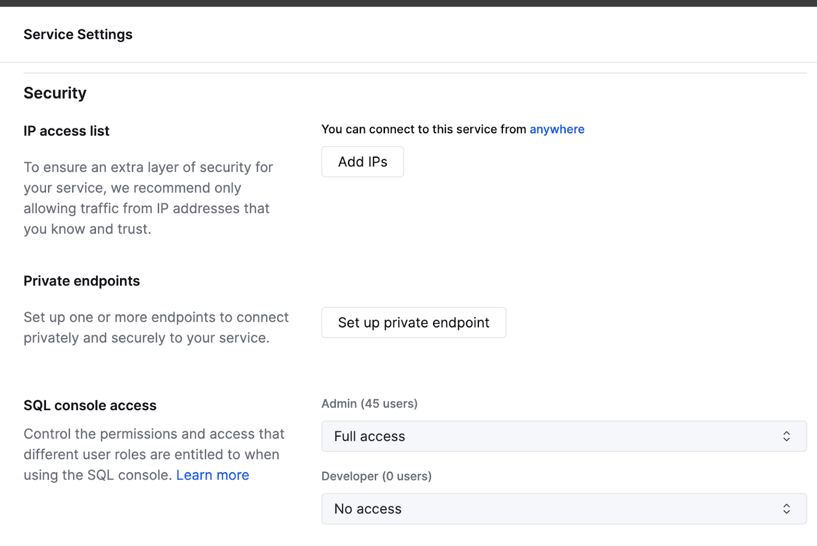 Консоль ClickHouse Cloud с интерфейсом настройки частной конечной точки в разделе безопасности