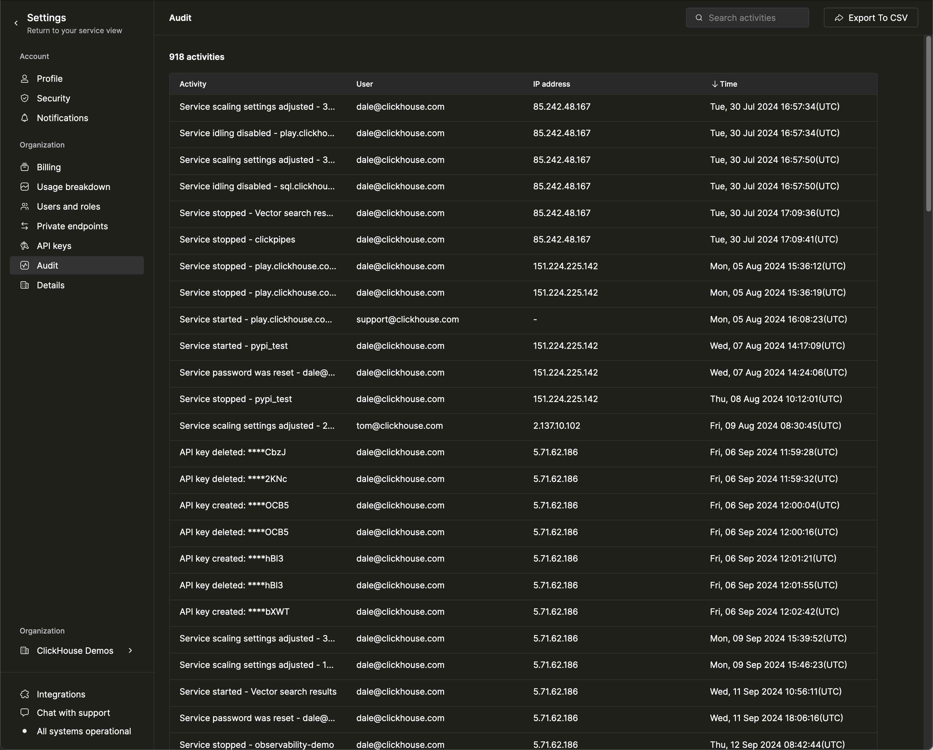 ClickHouse Cloud Activity 表