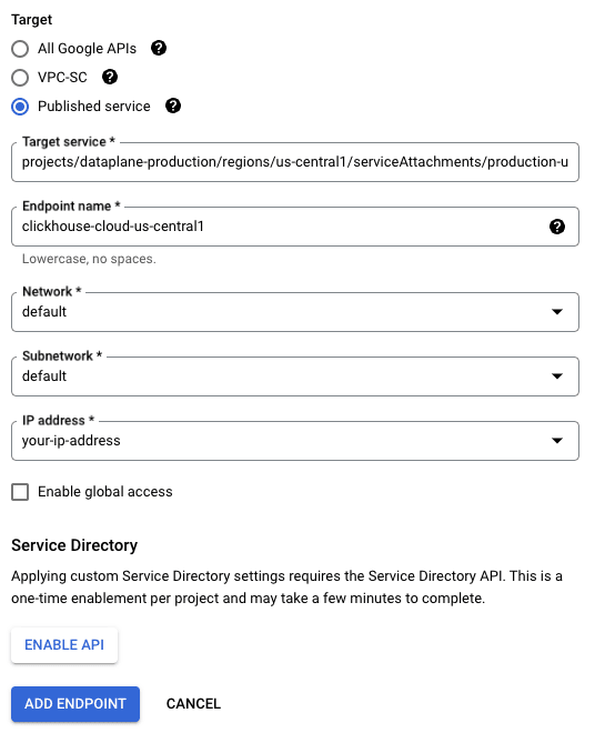 تمكين الوصول العام لـ Private Service Connect