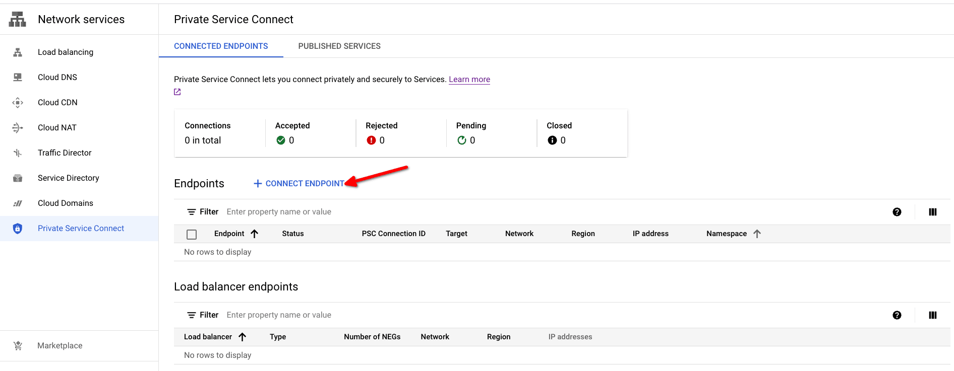 فتح Private Service Connect في وحدة تحكم Google Cloud