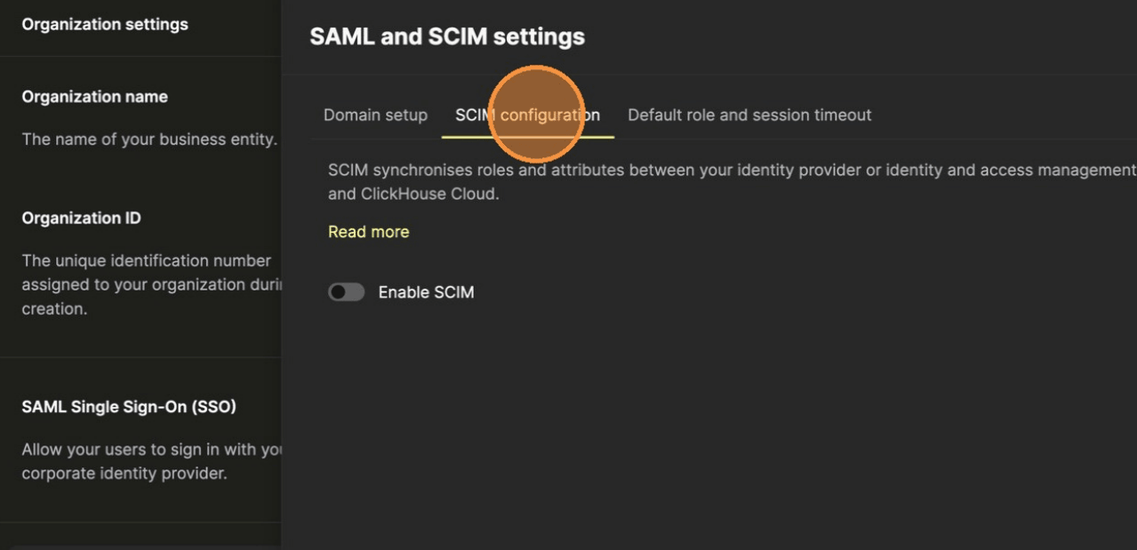 組織設定で SCIM 設定タブに移動する