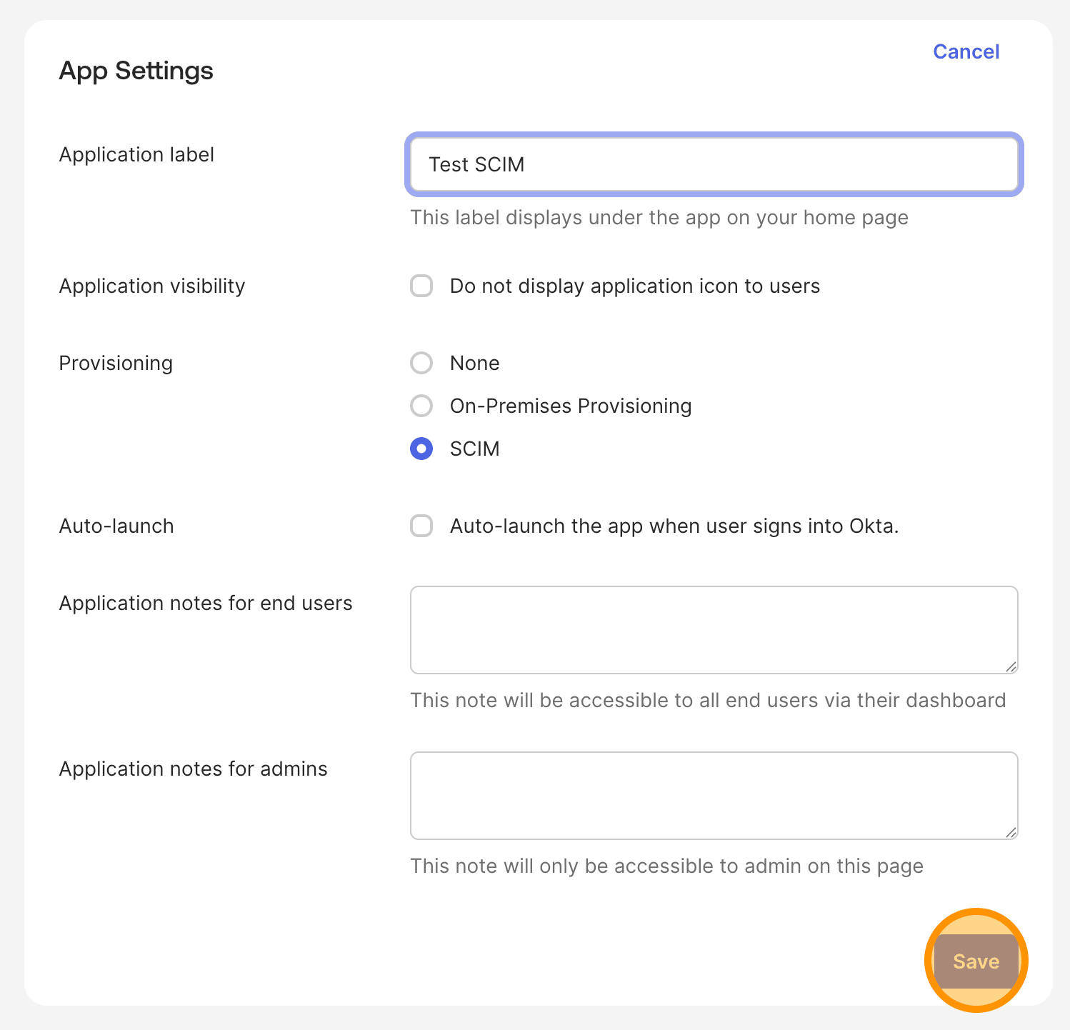Okta アプリケーション設定でプロビジョニングモードを SCIM に設定する