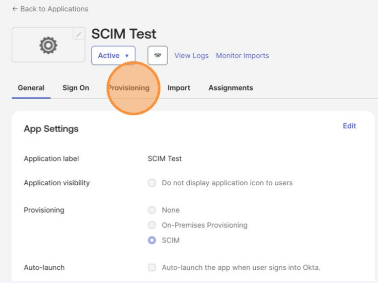アプリケーションに Provisioning タブが表示された状態