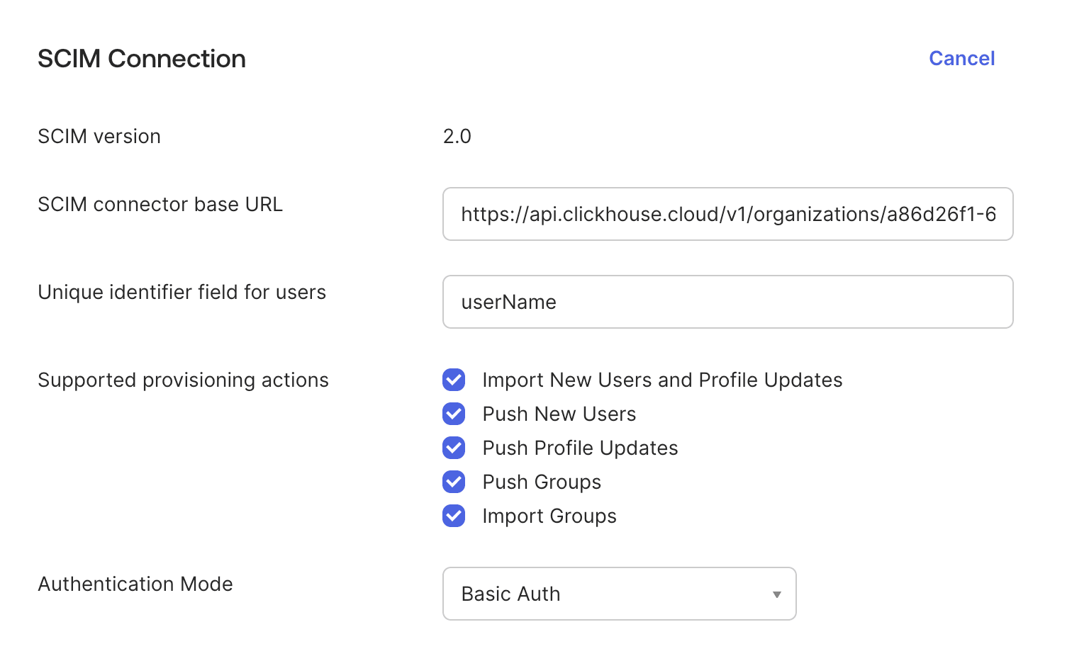 SCIM コネクタ URL を入力し、一意識別子を userName に設定する