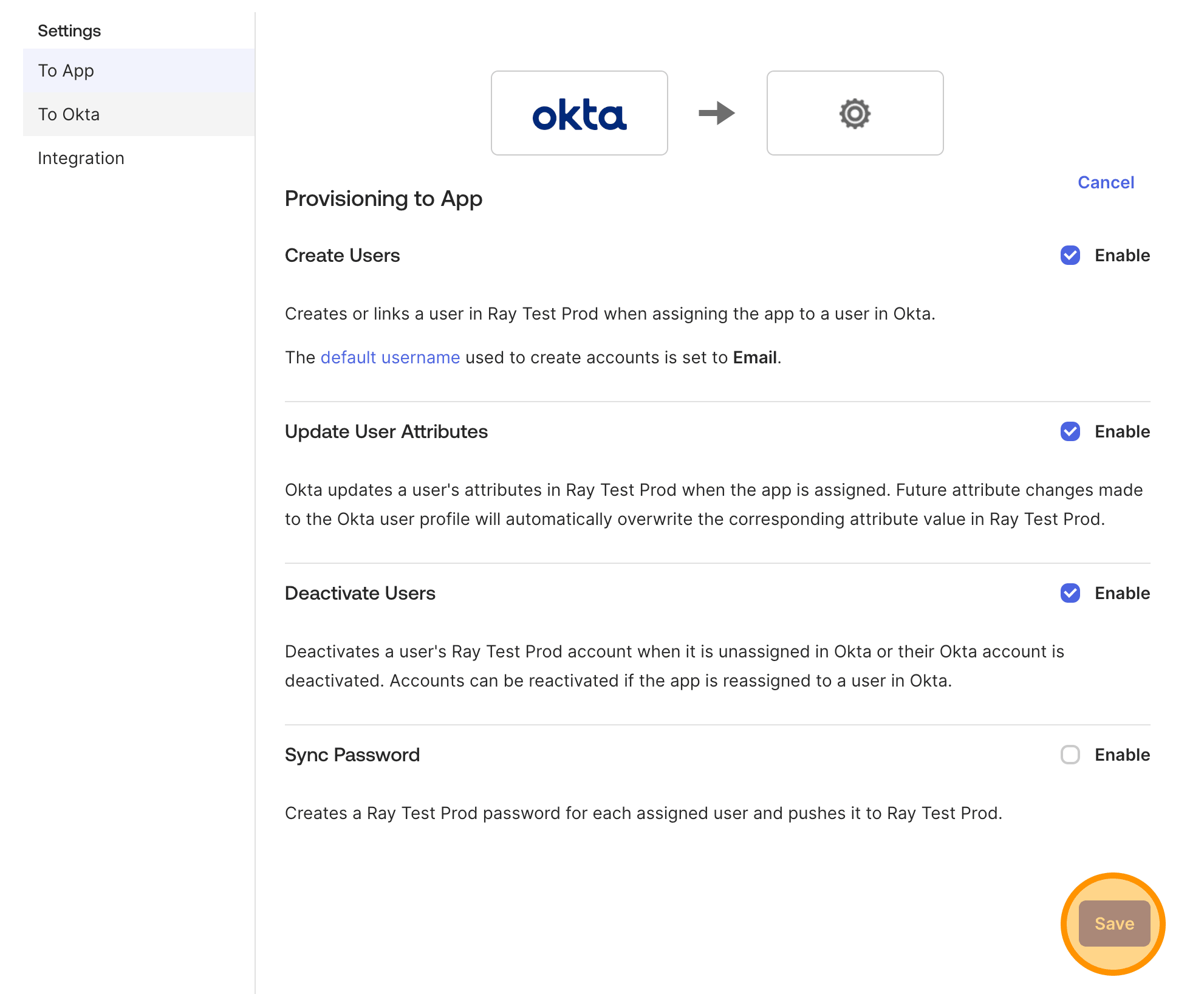 Provisioning の設定を保存して Sign On タブに戻る