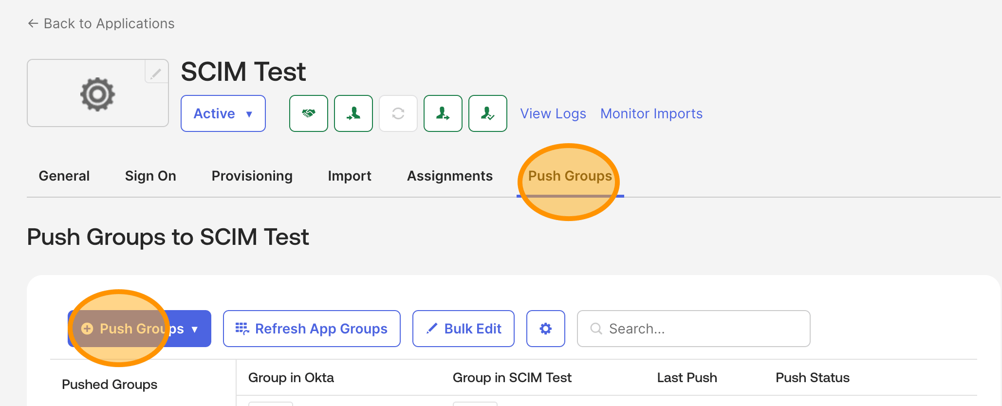 アプリケーションの Push Groups タブで名前による Group Push を設定する