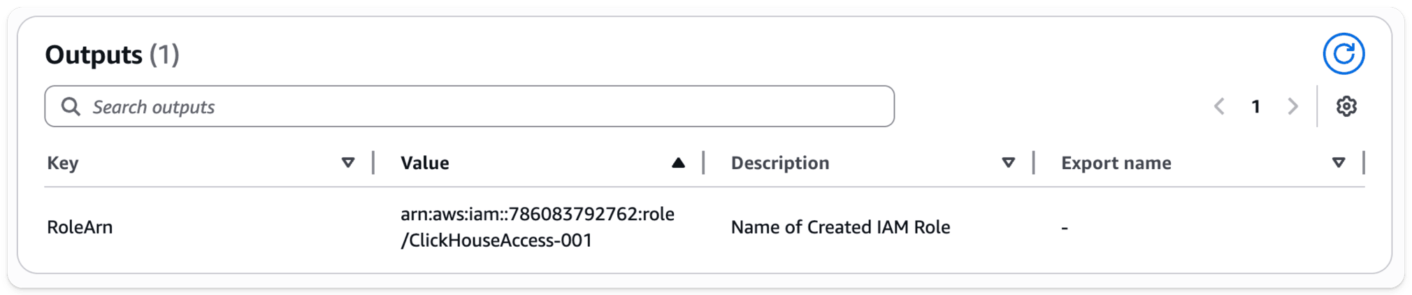 CloudFormation stack output showing IAM Role ARN