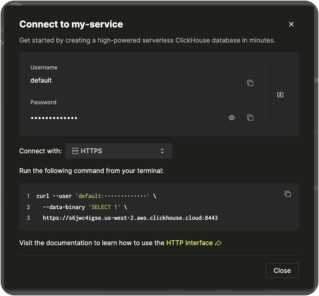 Connect button in the ClickHouse Cloud console (dark mode)