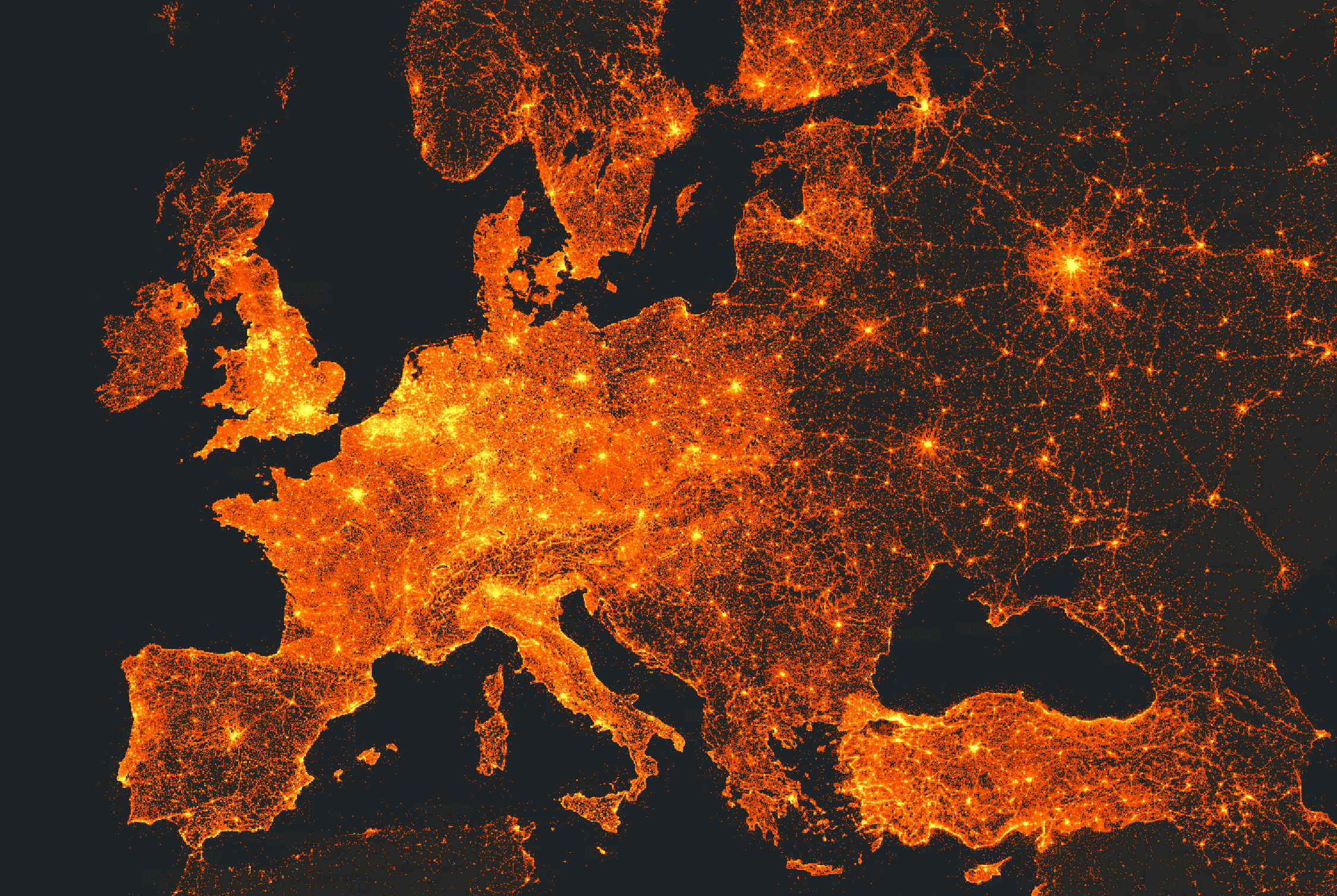 Density map of points of interest in Europe