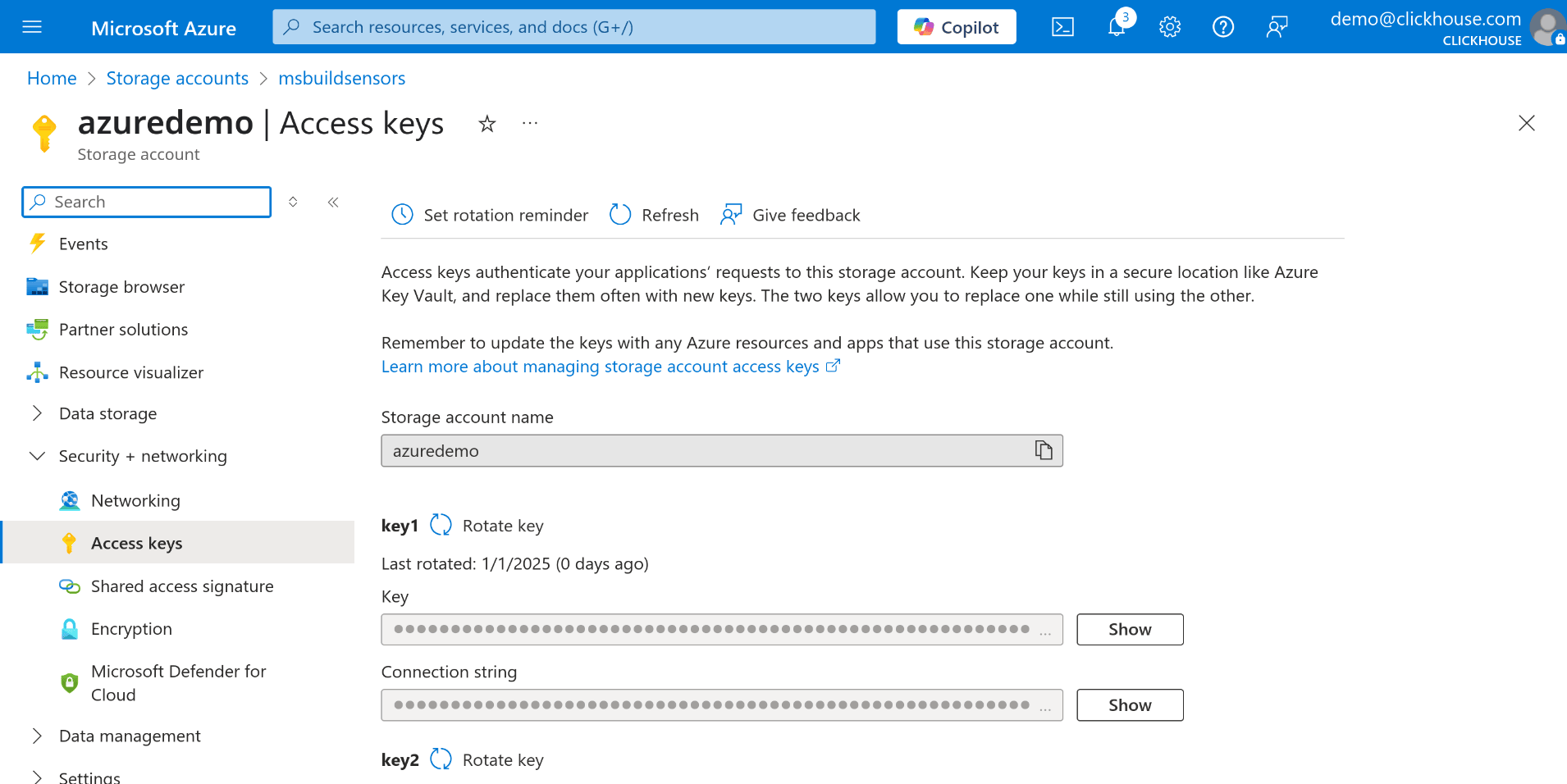 Azure 데이터 저장소 액세스 키