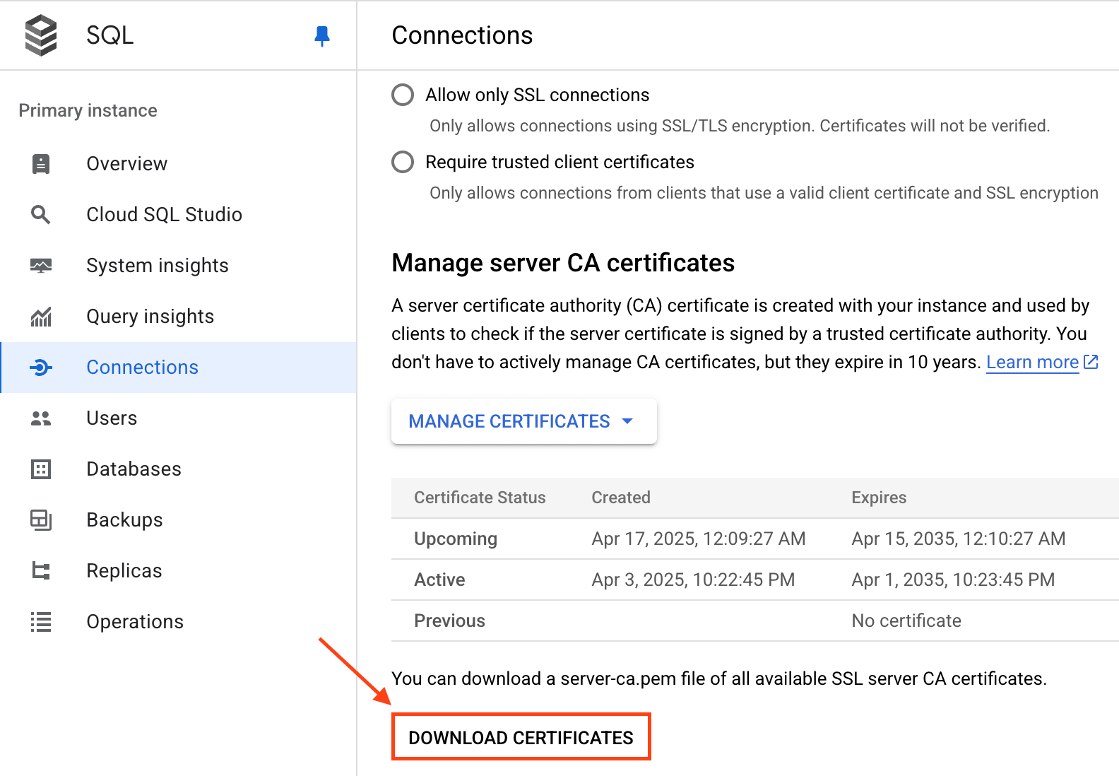 Downloading GCP MySQL Cert