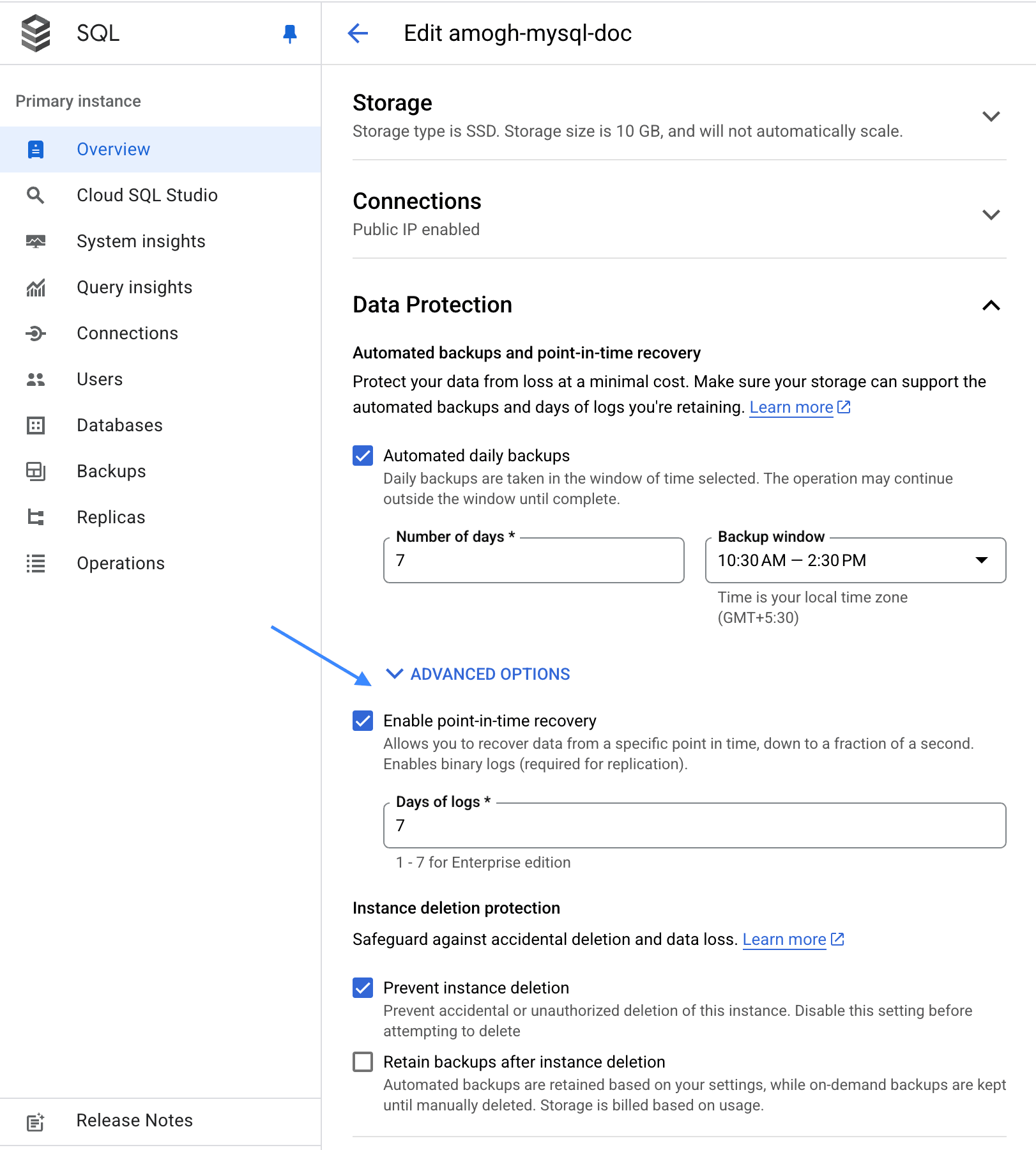 Enabling PITR in Cloud SQL