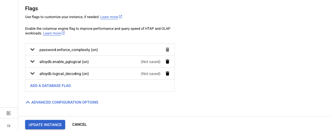 Définir les flags allowdb.enable_pglogical et alloydb.logical_decoding sur on
