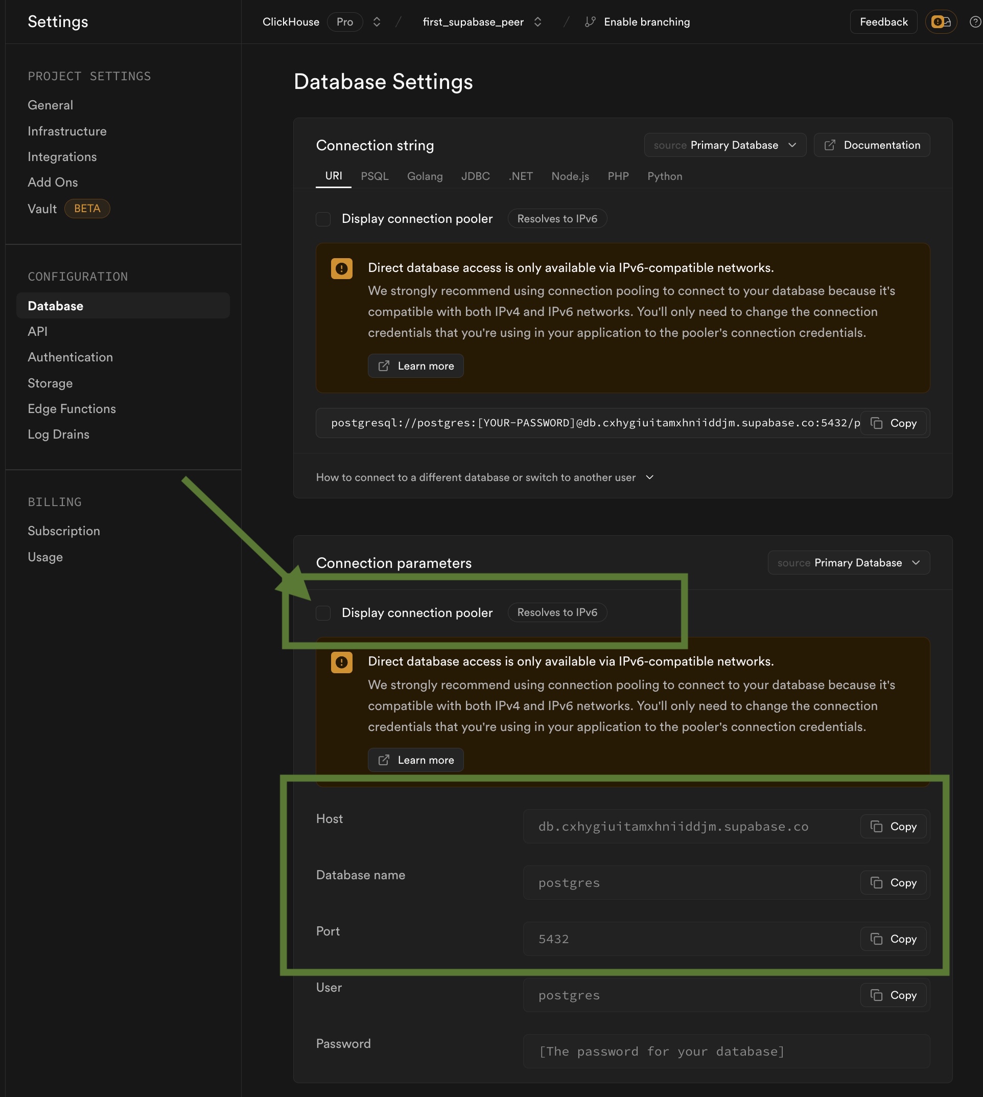 Localiser les informations de connexion Supabase