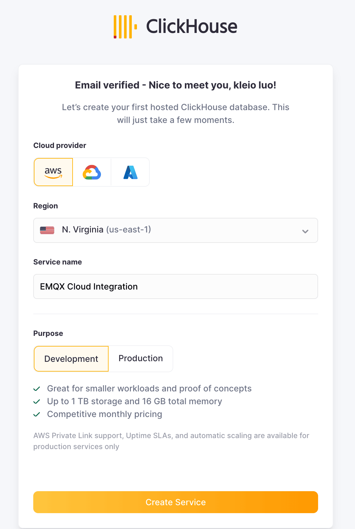 Interface de implantação do serviço do ClickHouse Cloud mostrando a seleção da região da AWS