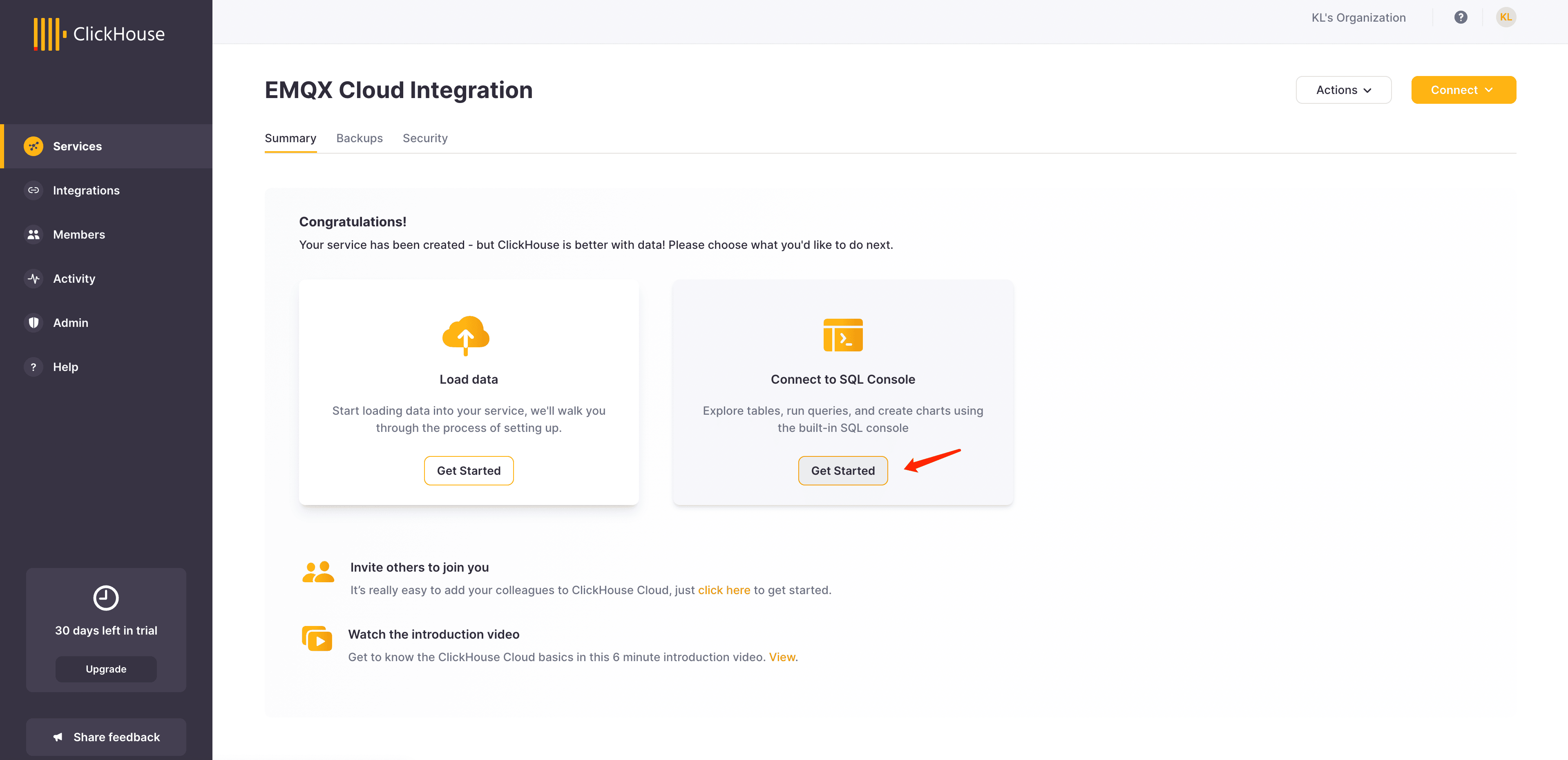 Interface do SQL Console do ClickHouse Cloud