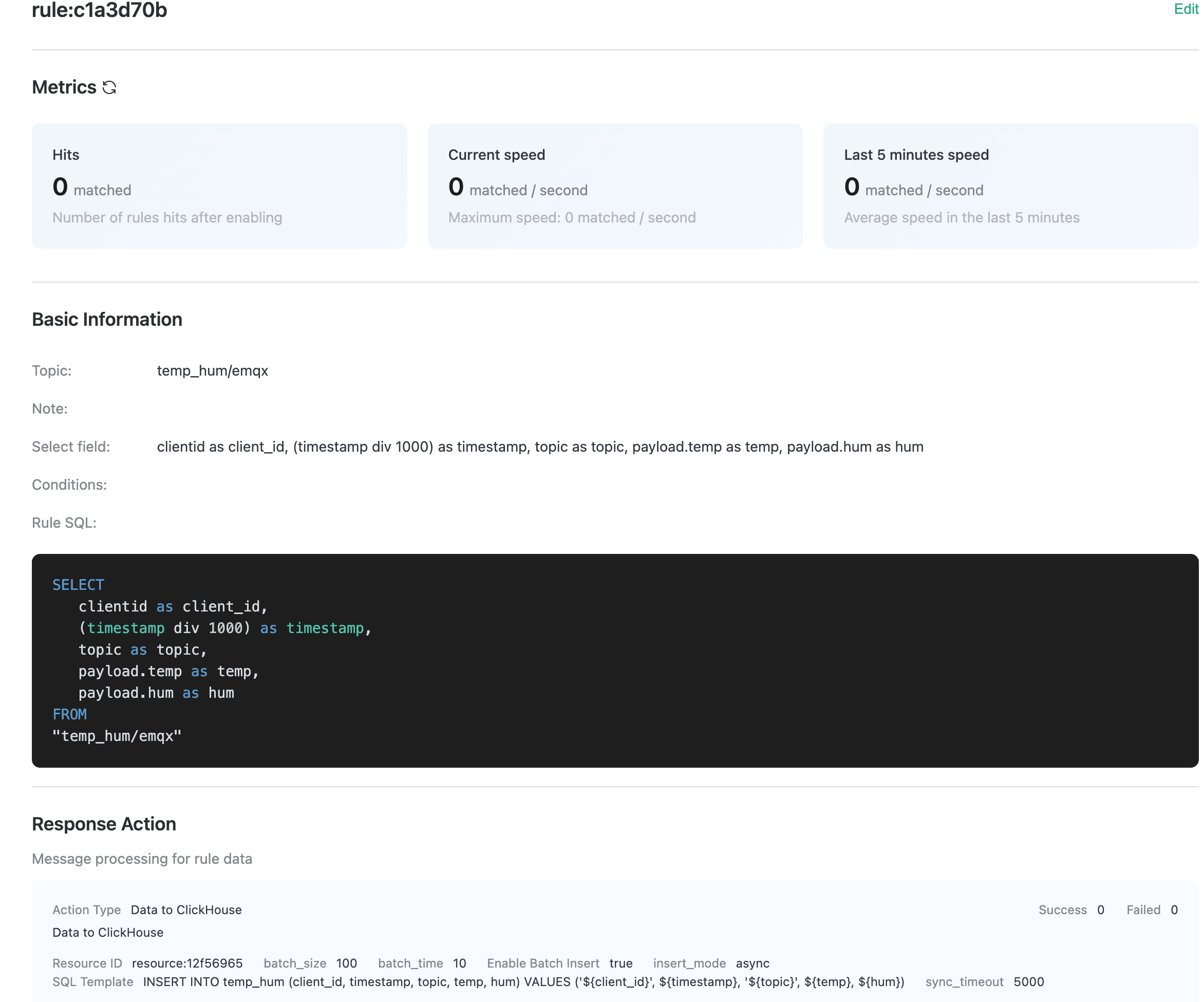 Detalhes da regra de integração de dados do EMQX Cloud mostrando o resumo da configuração
