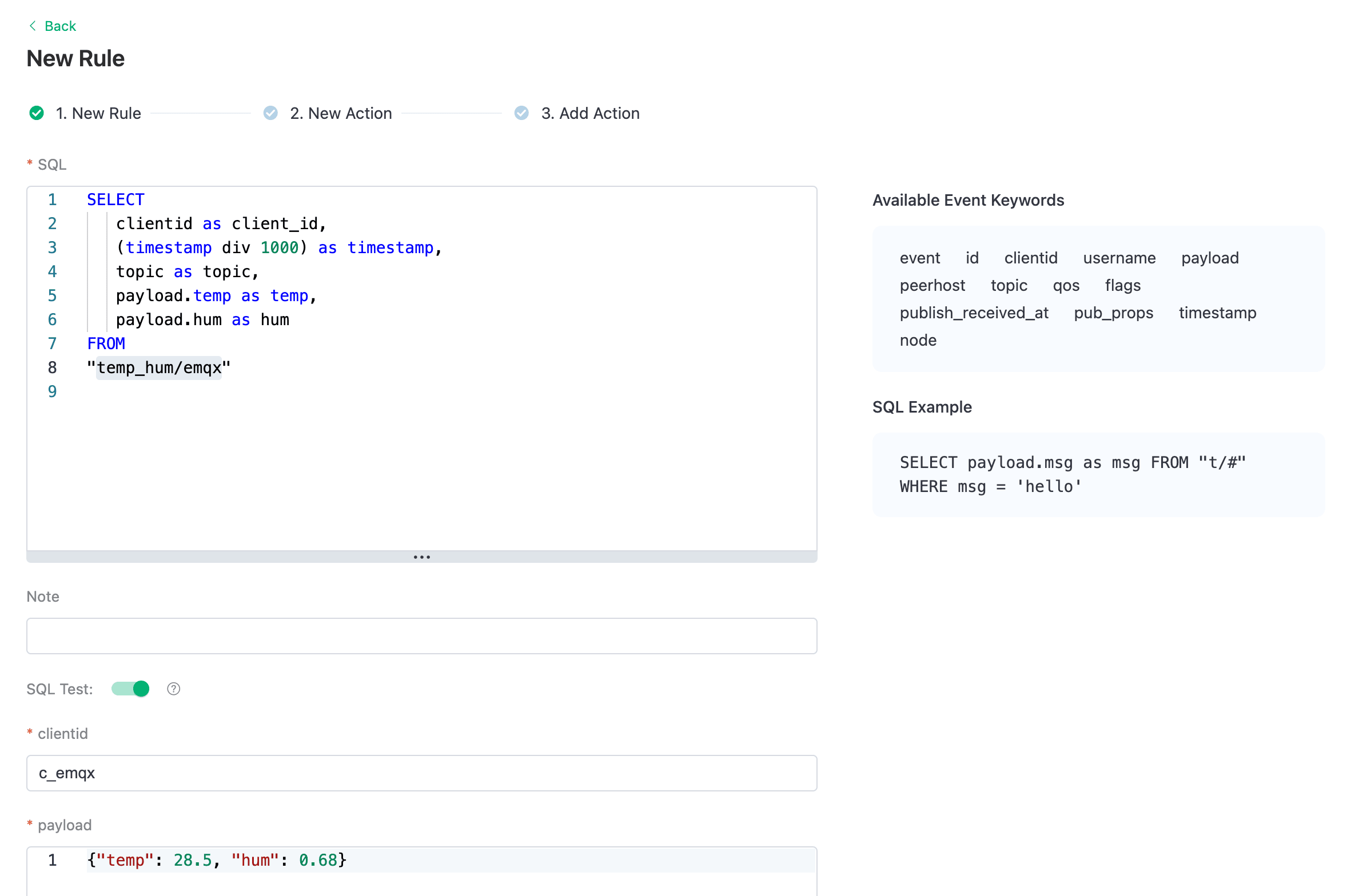 Etapa 1 da criação da regra de integração de dados do EMQX Cloud mostrando a consulta SQL