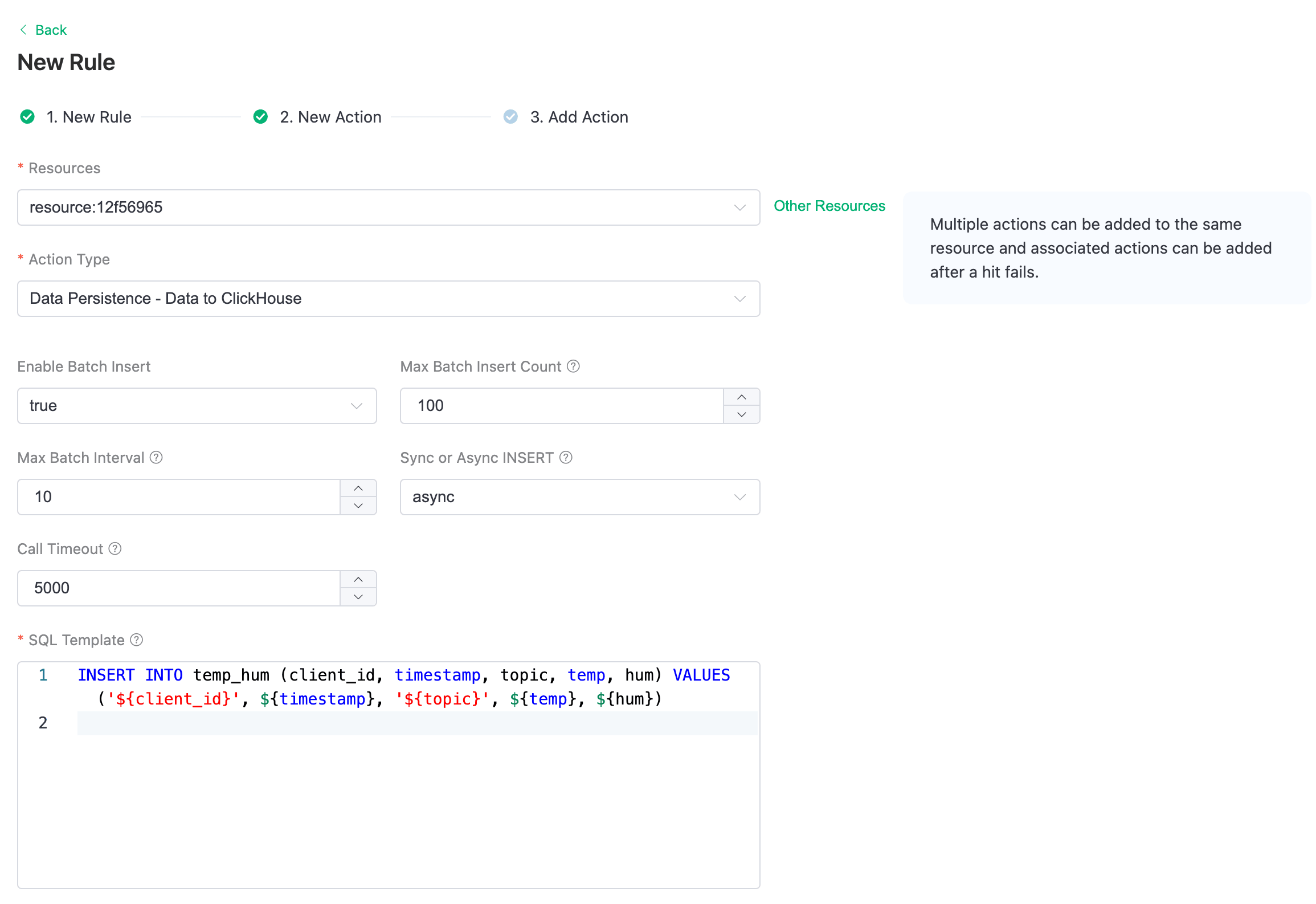 Configuração da ação da regra de integração de dados do EMQX Cloud com modelo SQL