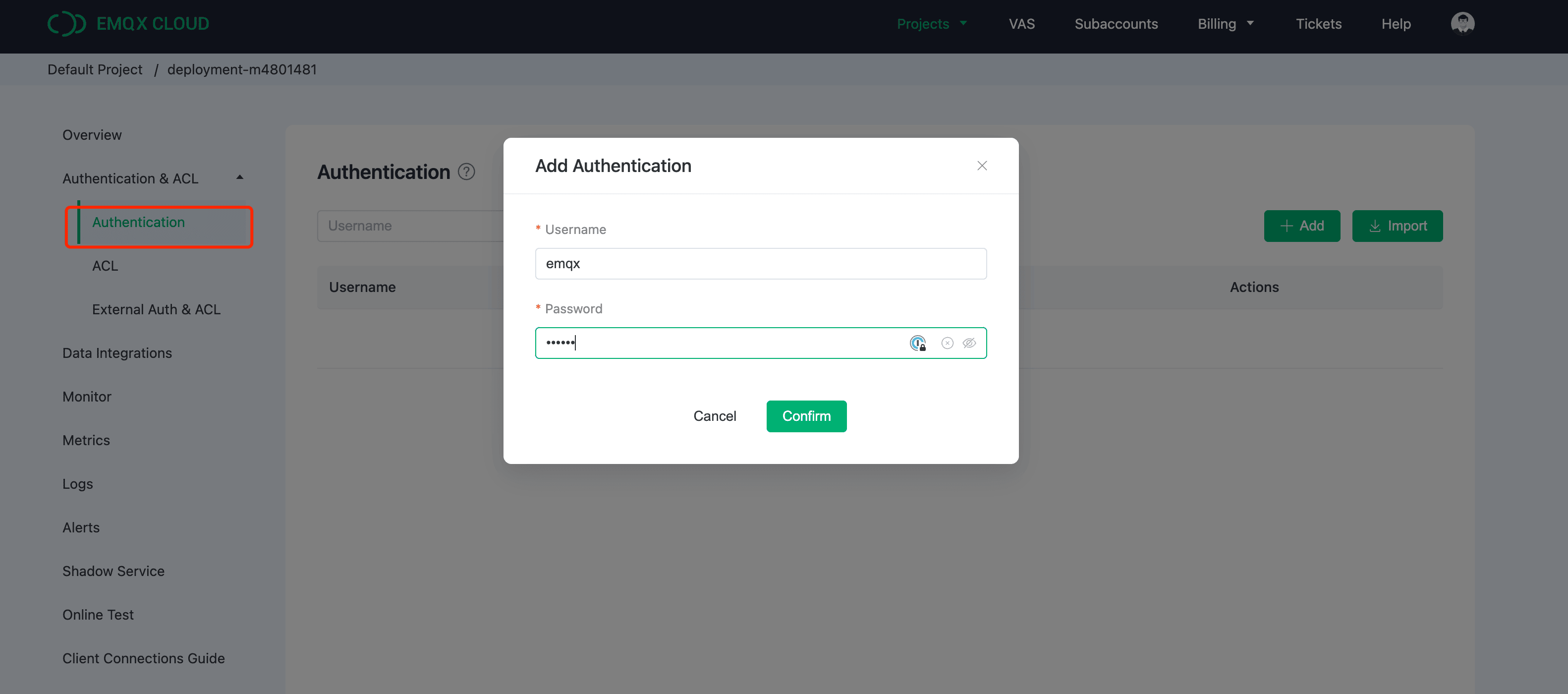 Interface de configuração de autenticação do EMQX Cloud para adicionar credenciais