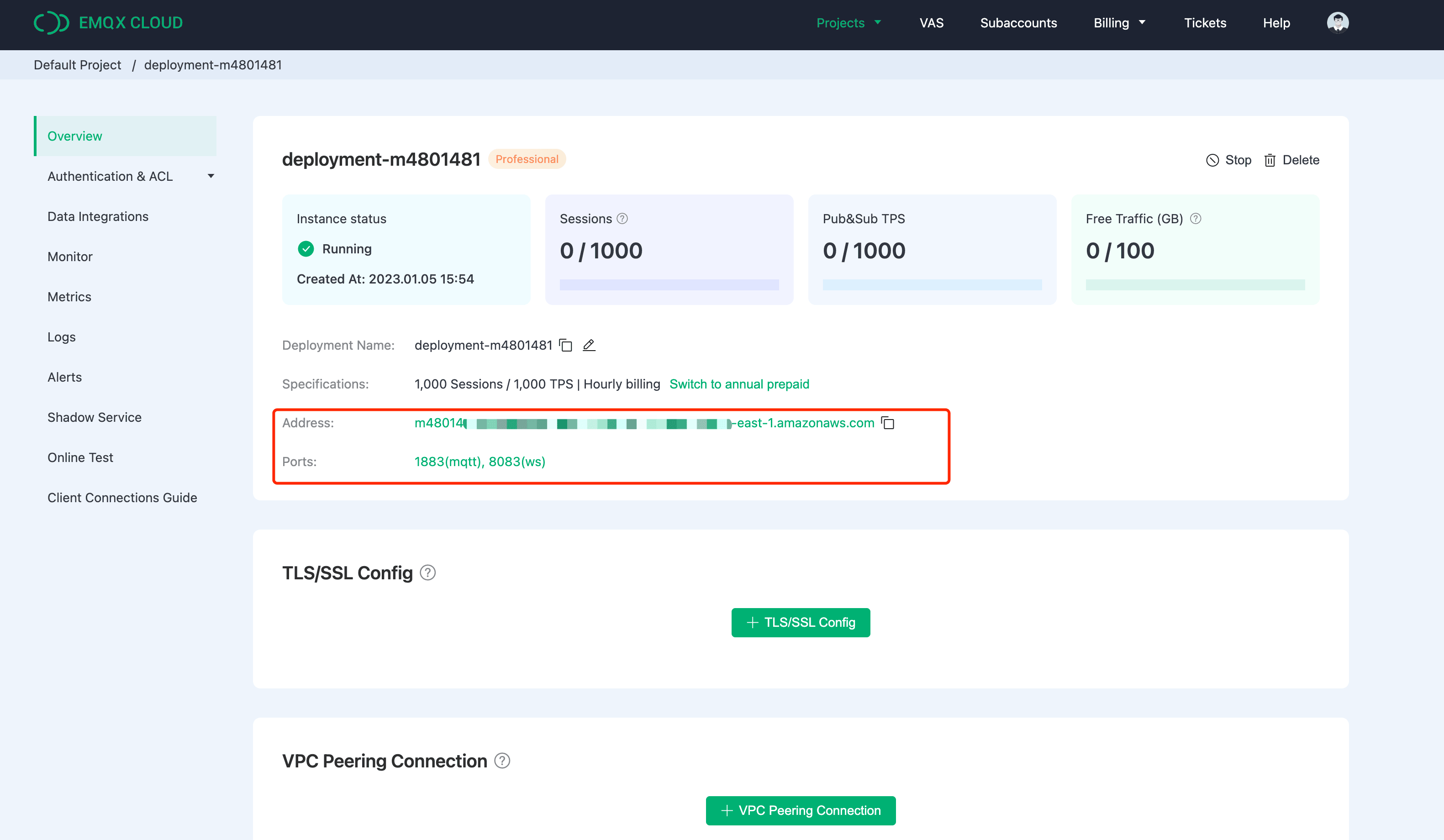 Painel de visão geral do EMQX Cloud, mostrando métricas do broker