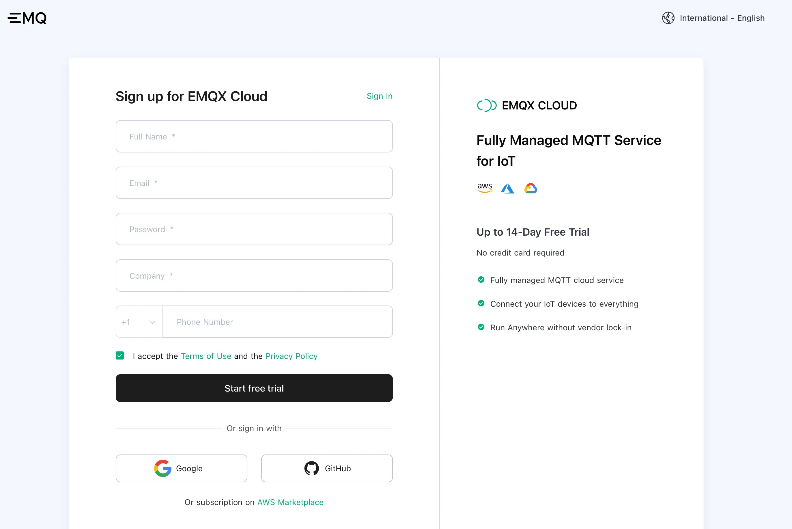 Página de cadastro do EMQX Cloud com formulário de registro