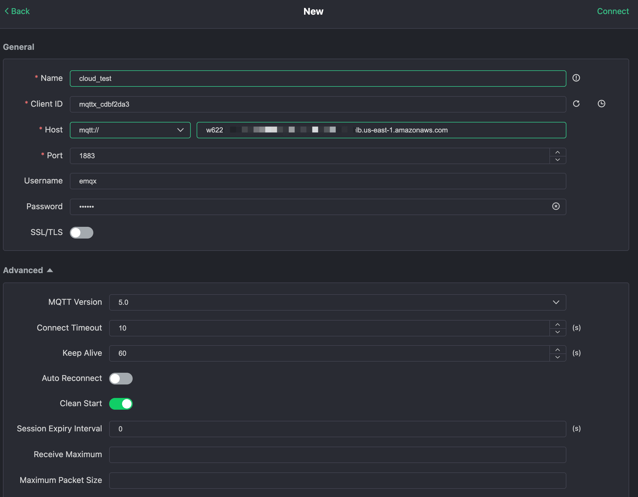 Formulário de configuração de nova conexão do MQTTX com os detalhes da conexão