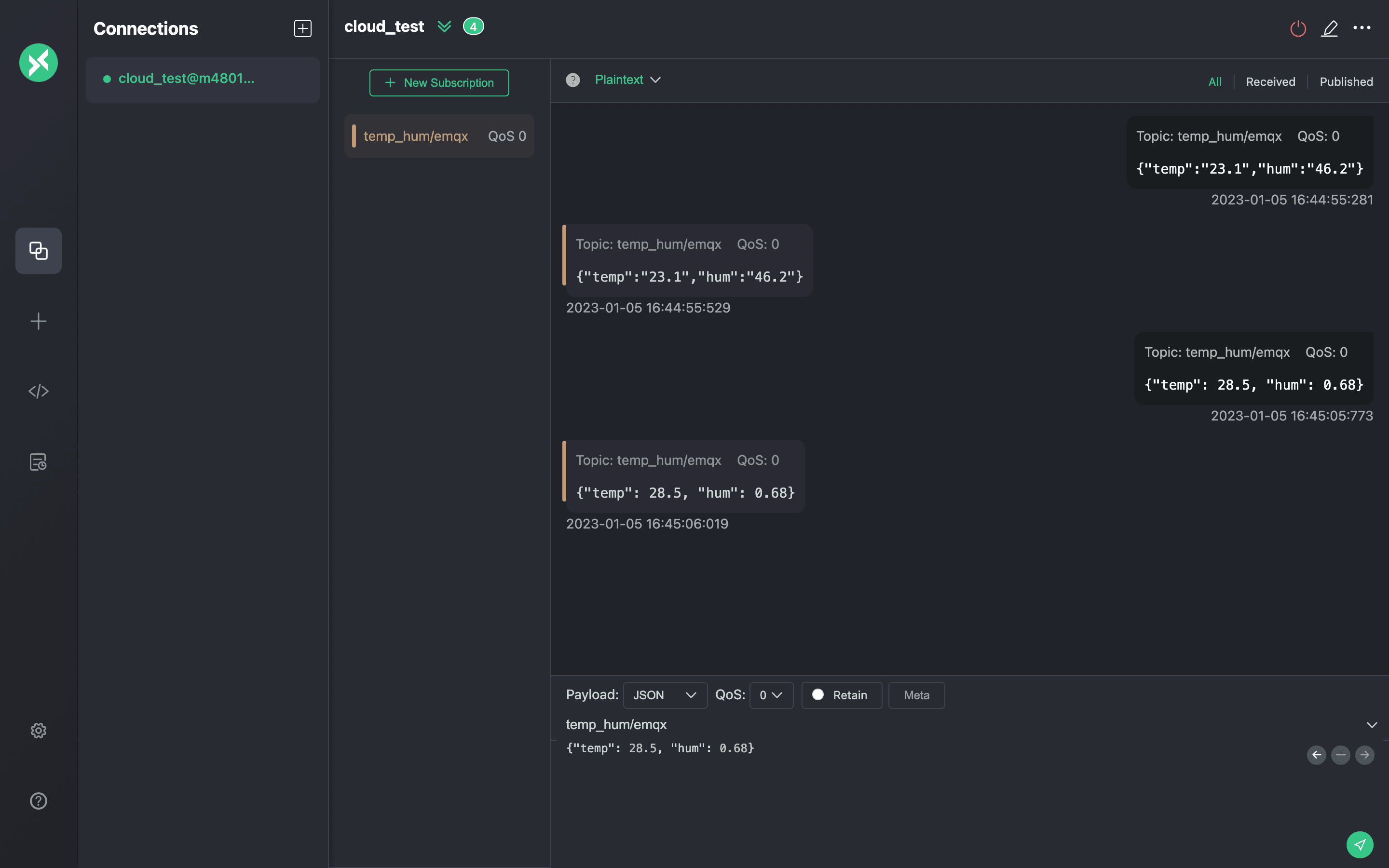 Tela do MQTTX Publish exibindo a composição da mensagem MQTT