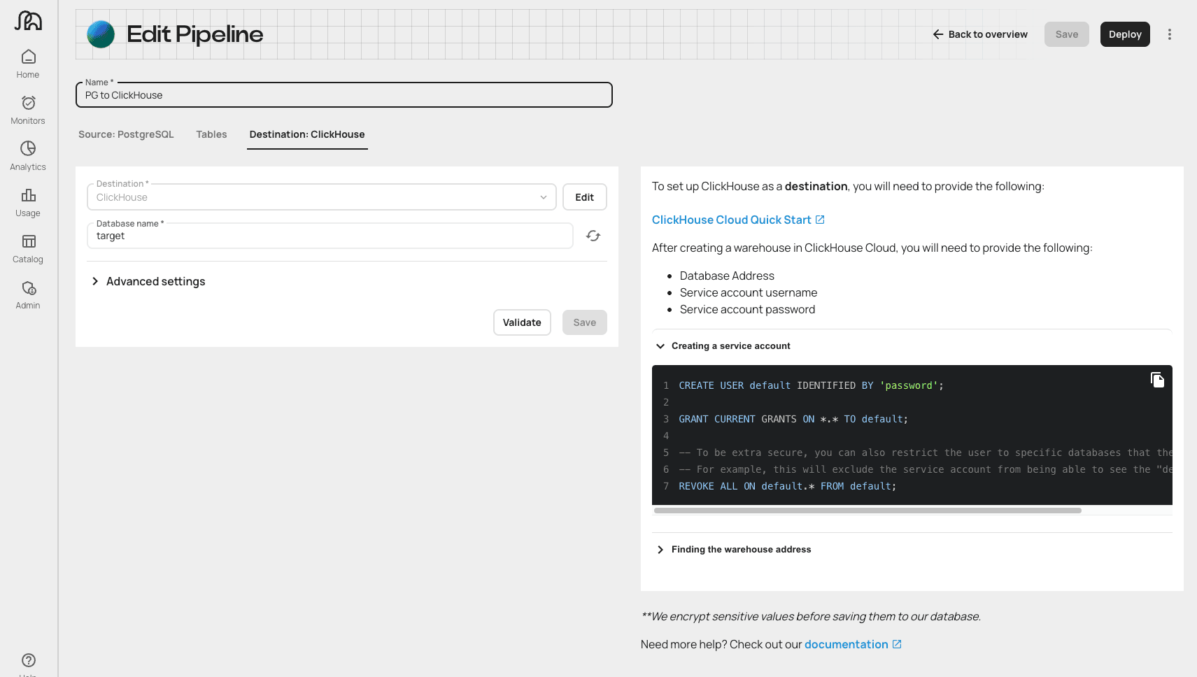 Interface Edit Pipeline d’Artie