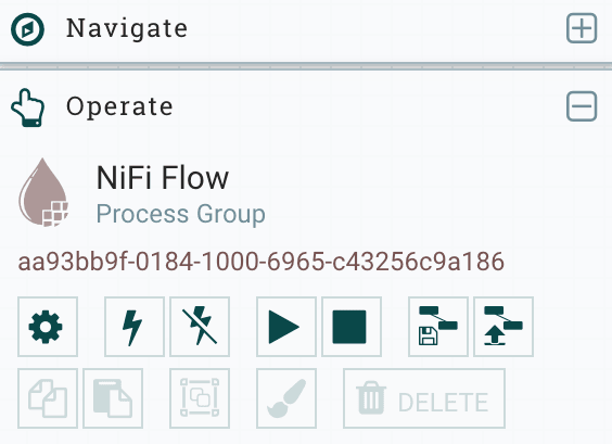 Page de configuration du flux NiFi avec le bouton gear mis en évidence