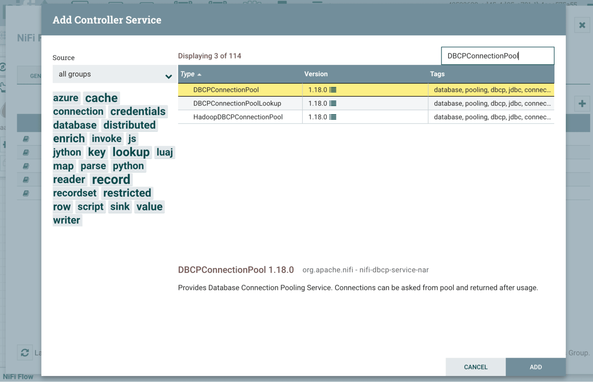 Boîte de dialogue de sélection du Controller Service avec DBCPConnectionPool mis en évidence