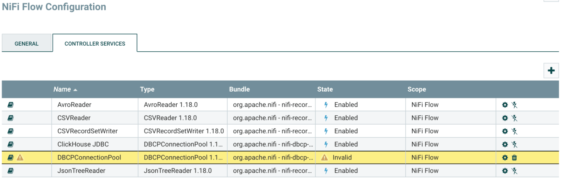 Liste des Controller Services affichant un DBCPConnectionPool invalide avec le bouton gear mis en évidence