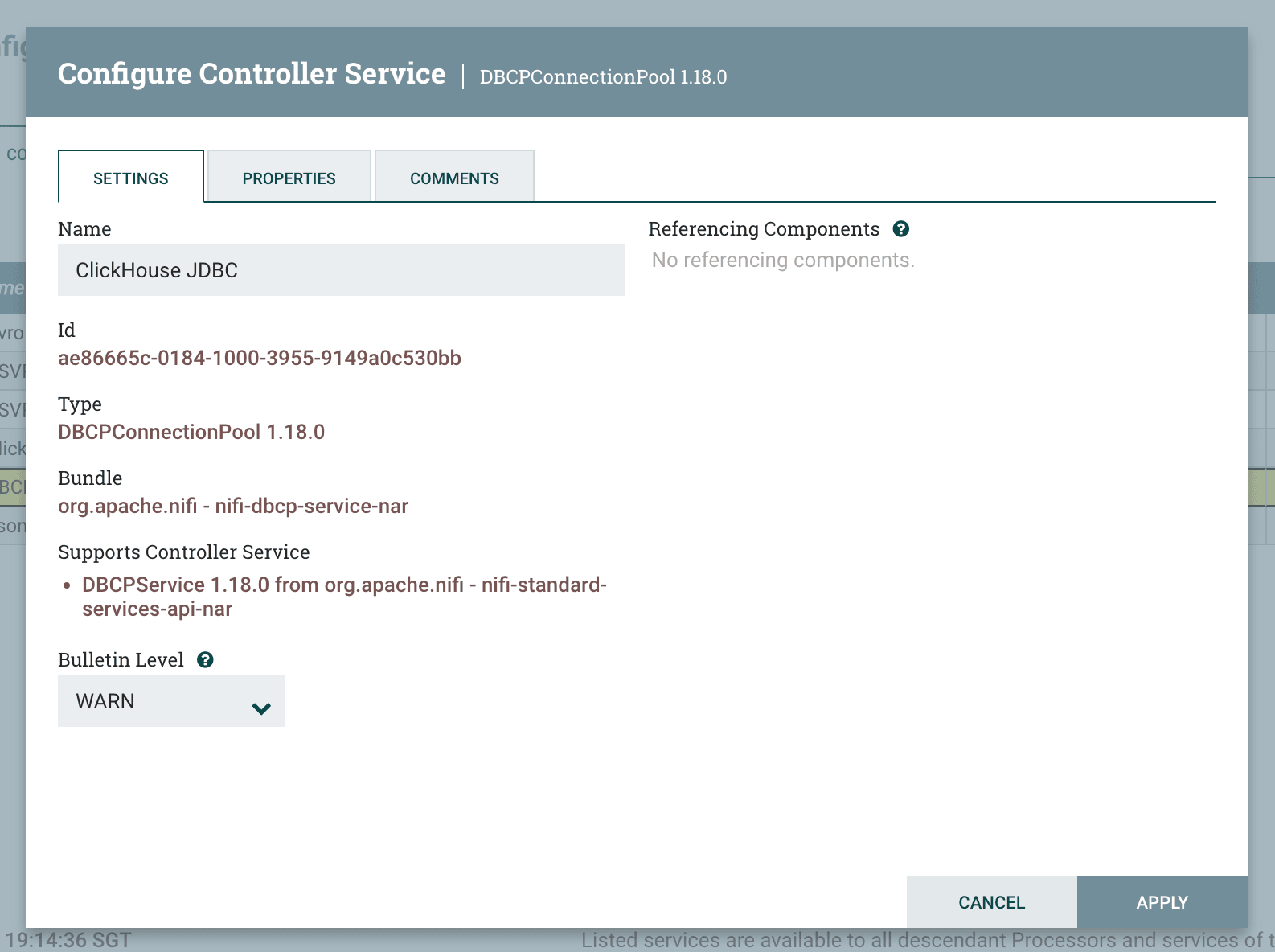 Boîte de dialogue de configuration de DBCPConnectionPool affichant les propriétés renseignées