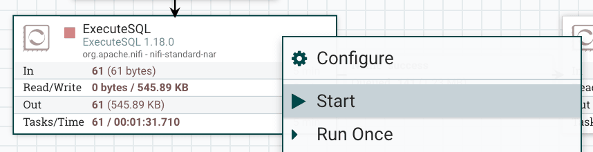 Configuration du processeur ExecuteSQL avec les propriétés renseignées